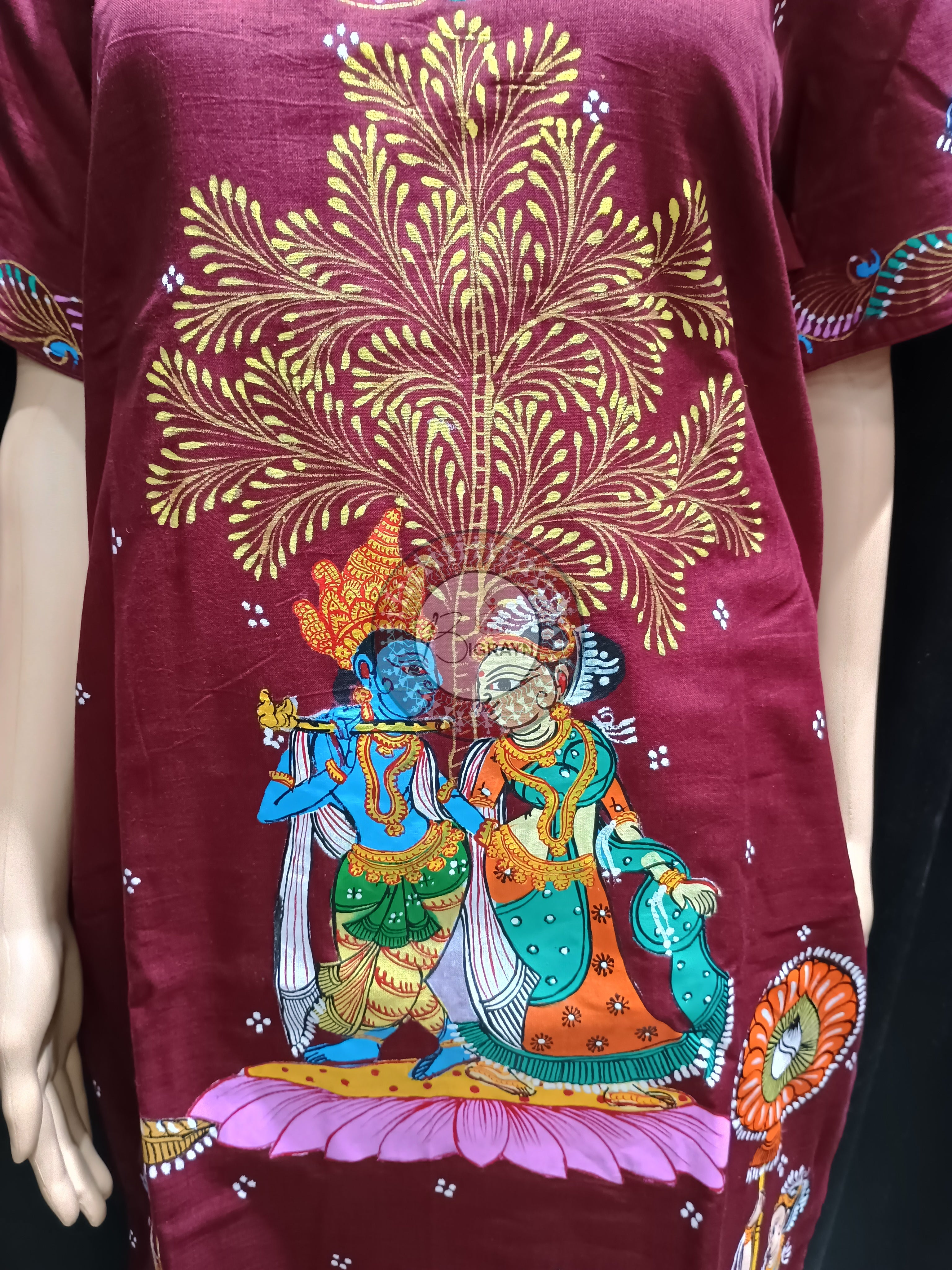 Maroon Radha Krishna Rasa Theme Hand Painted Pattachitra Kurti