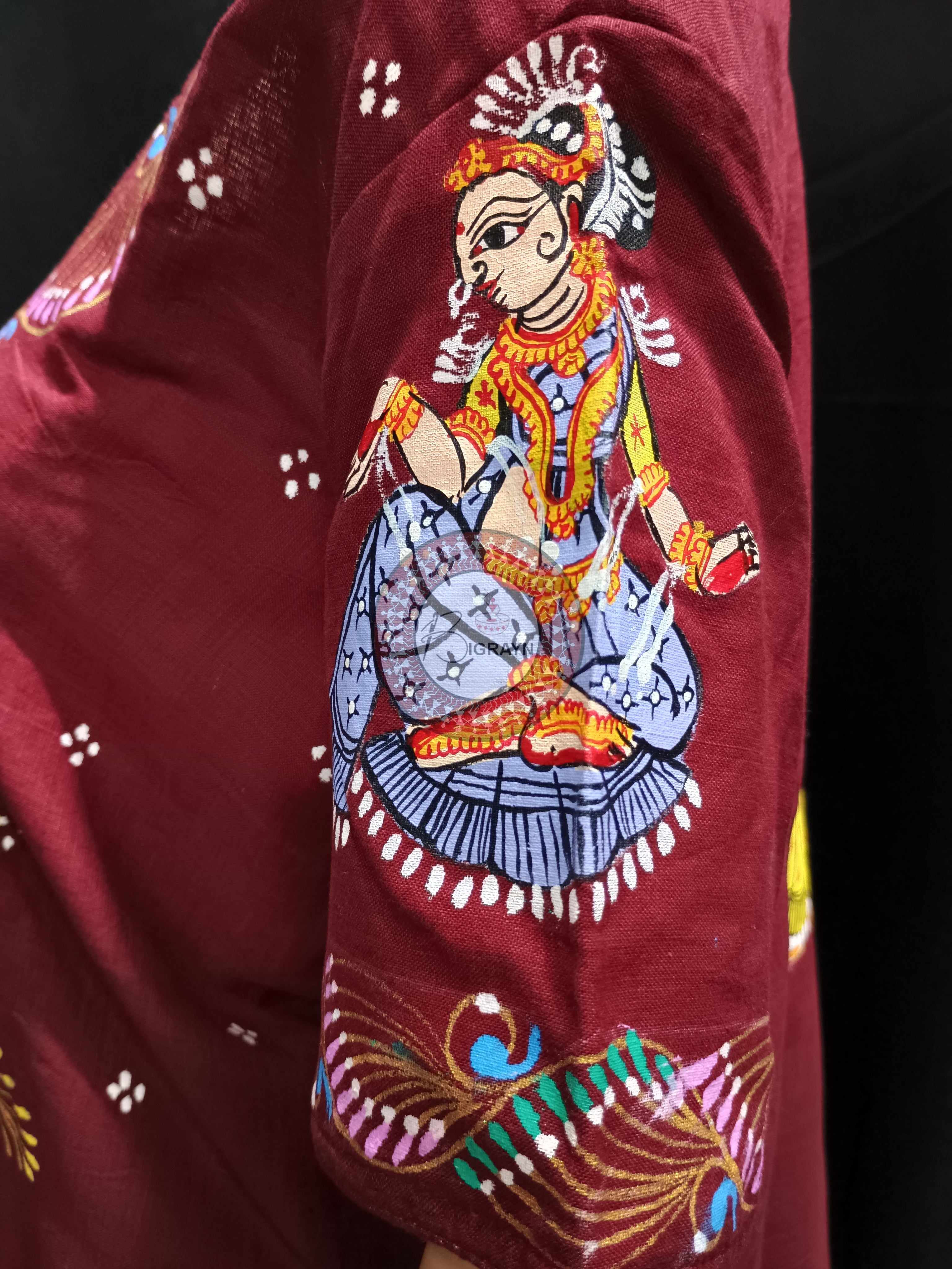 Maroon Radha Krishna Rasa Theme Hand Painted Pattachitra Kurti