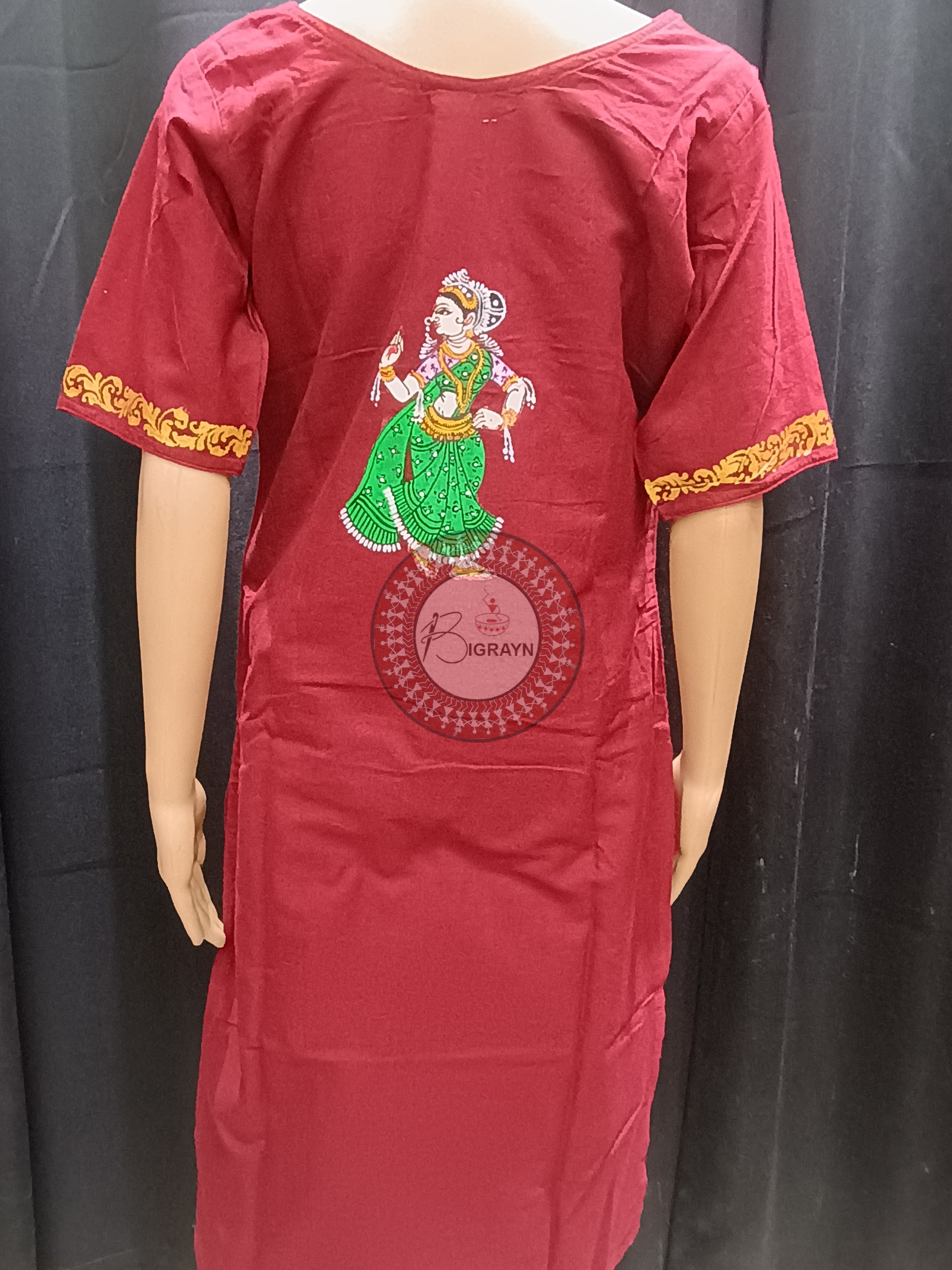 Maroon Dancer Theme Hand Painted Pattachitra Kurti