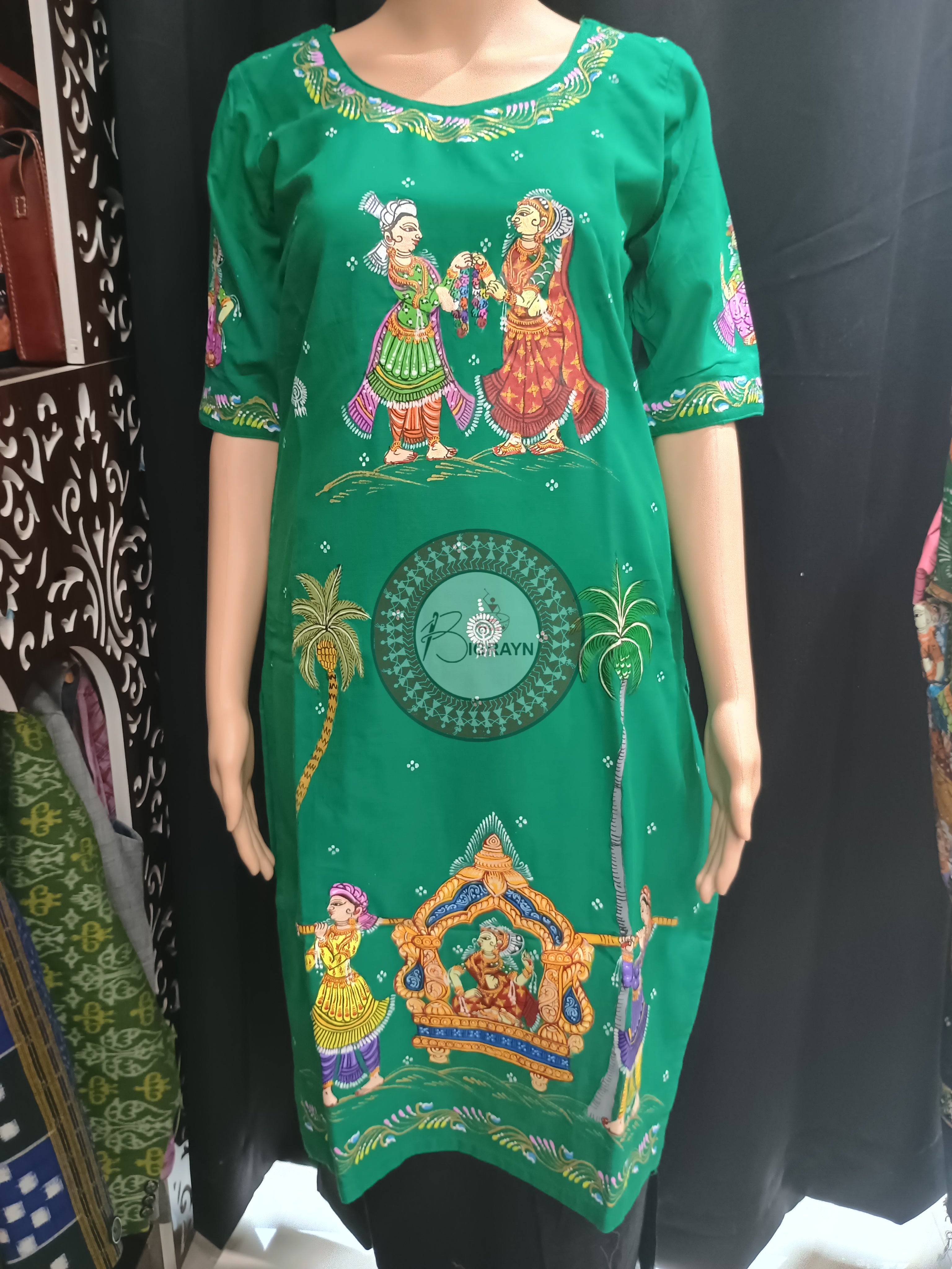 Sea Green Marriage Theme Hand Painted Pattachitra Kurti