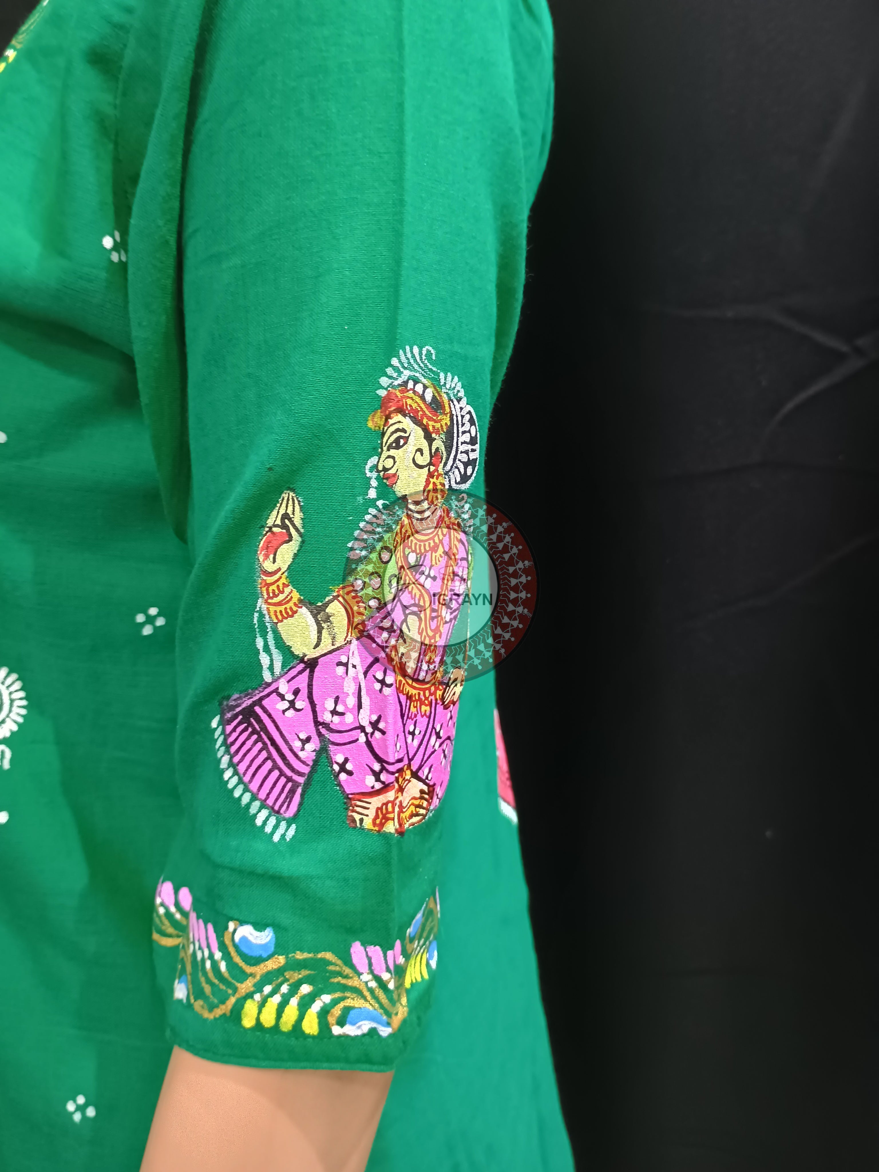 Sea Green Marriage Theme Hand Painted Pattachitra Kurti