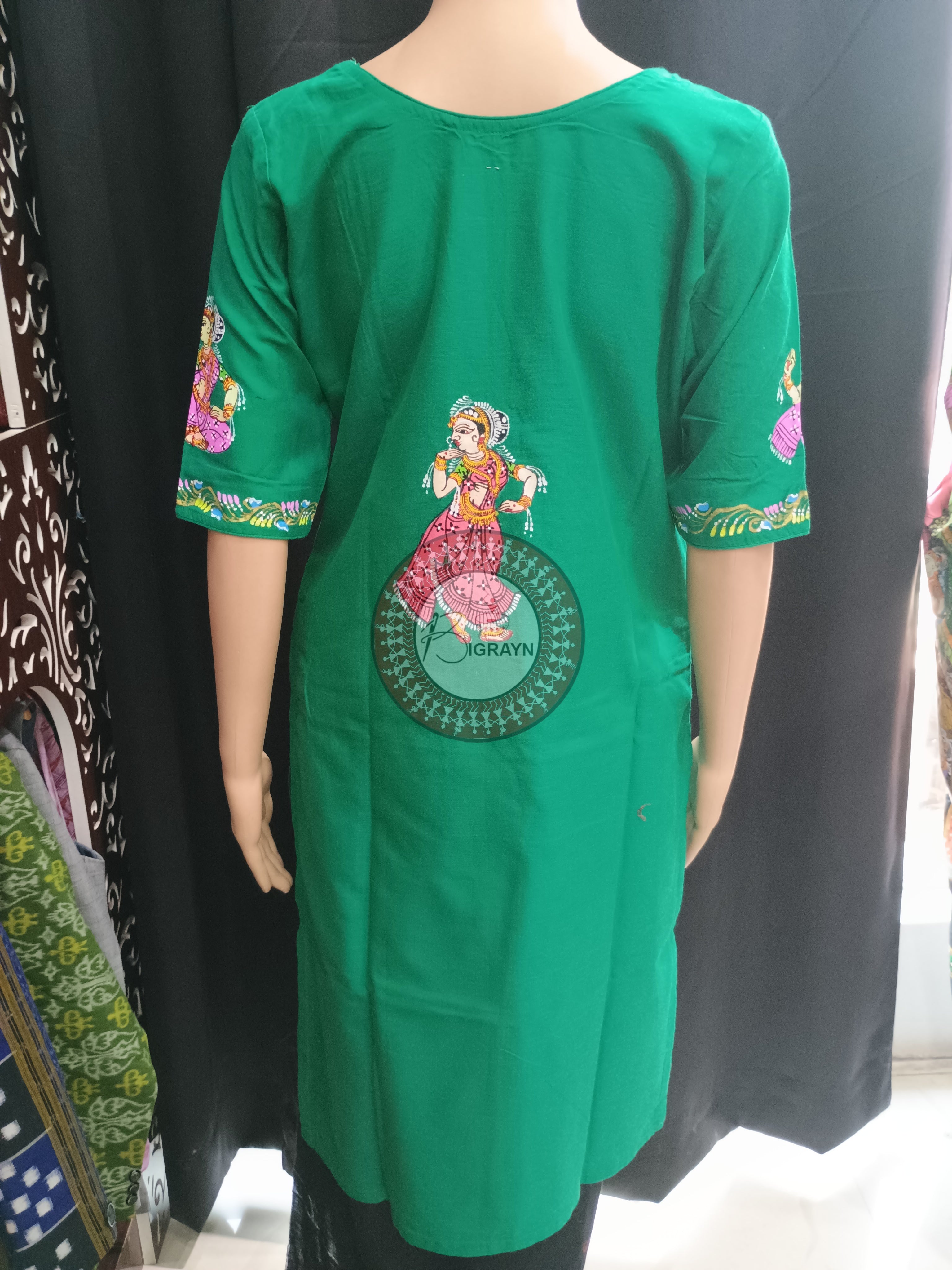 Sea Green Marriage Theme Hand Painted Pattachitra Kurti