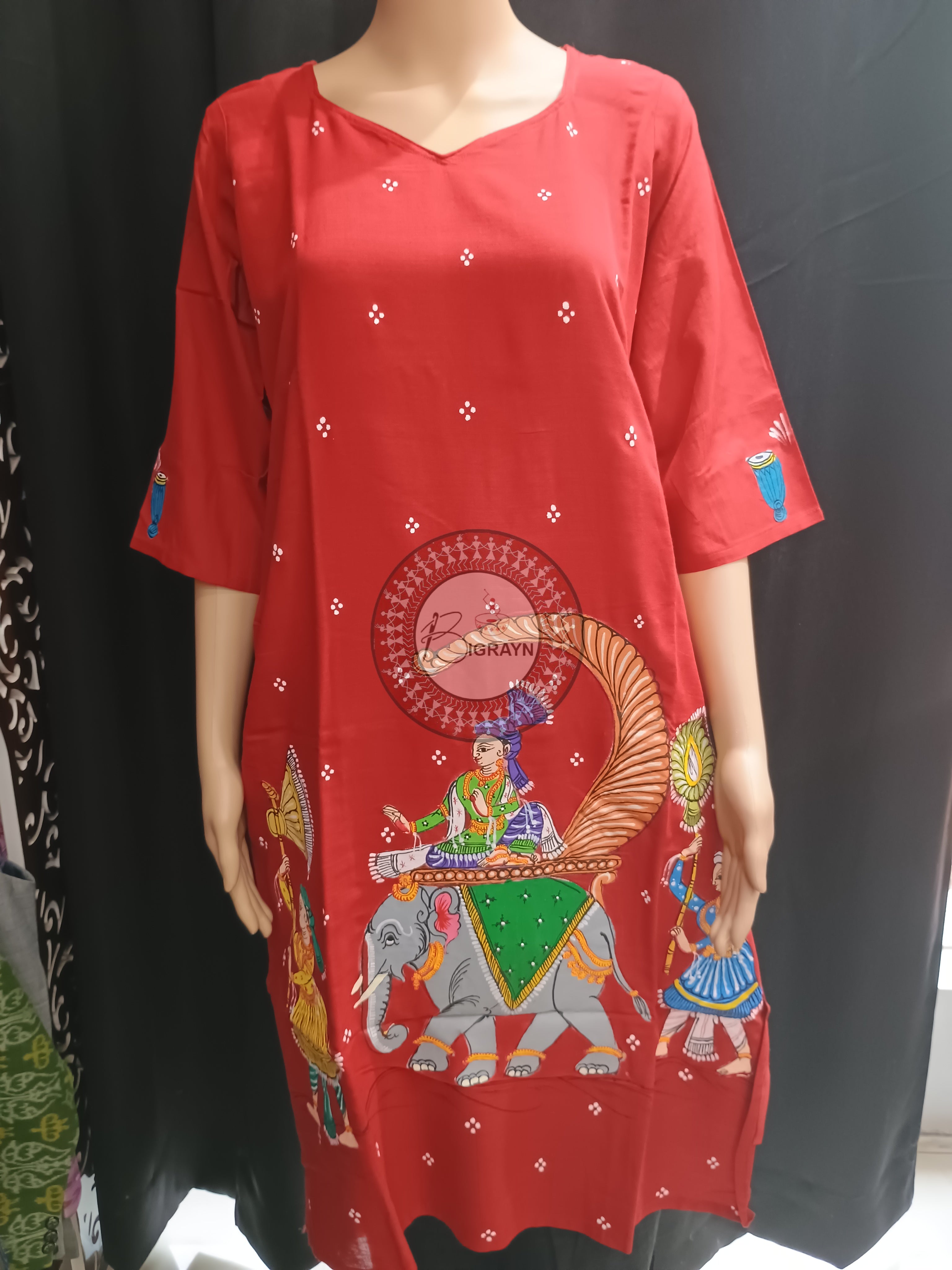 Red Ashoka Theme Hand Painted Pattachitra Kurti