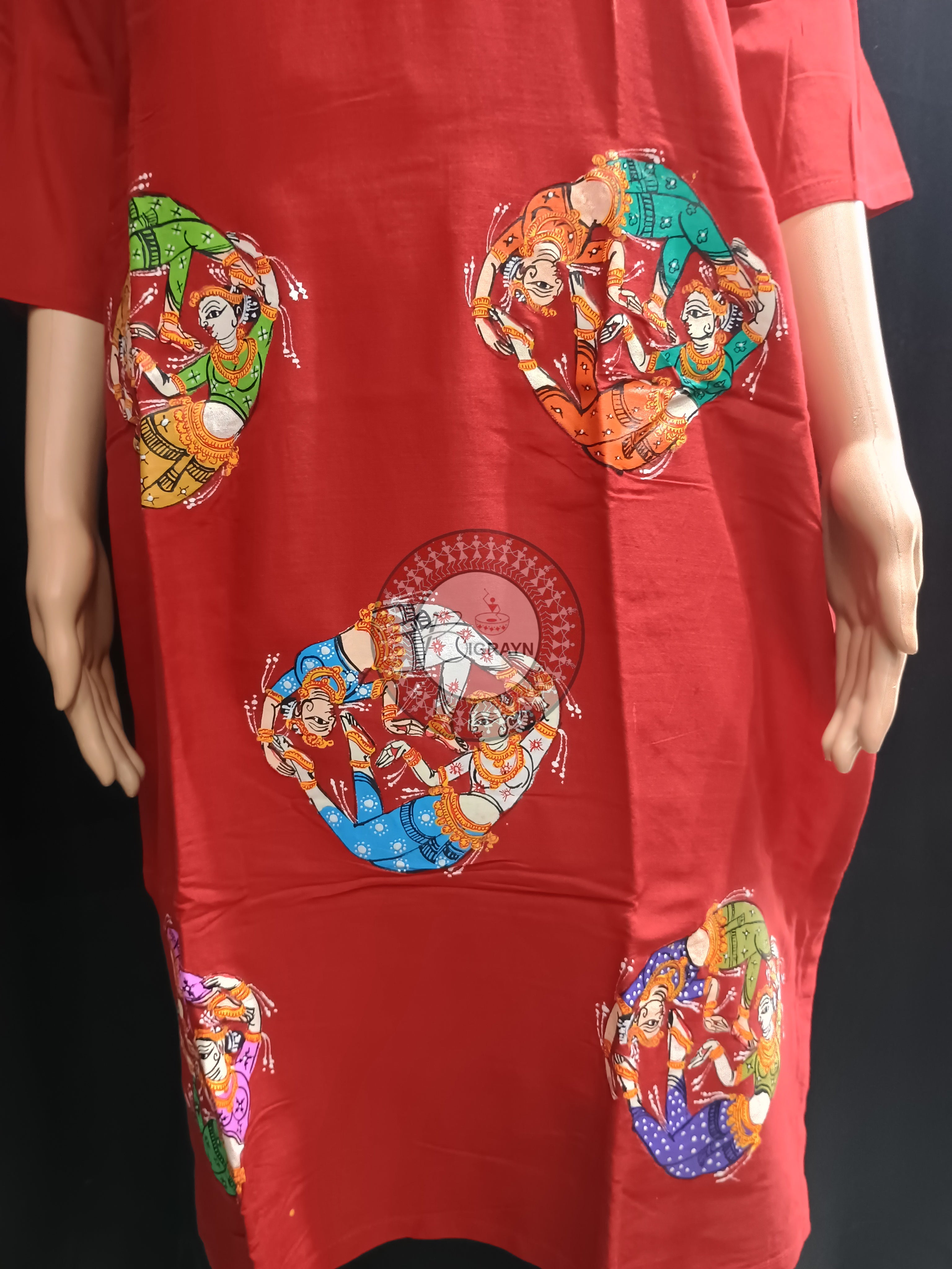 Red Round Dancer Theme Hand Painted Pattachitra Kurti