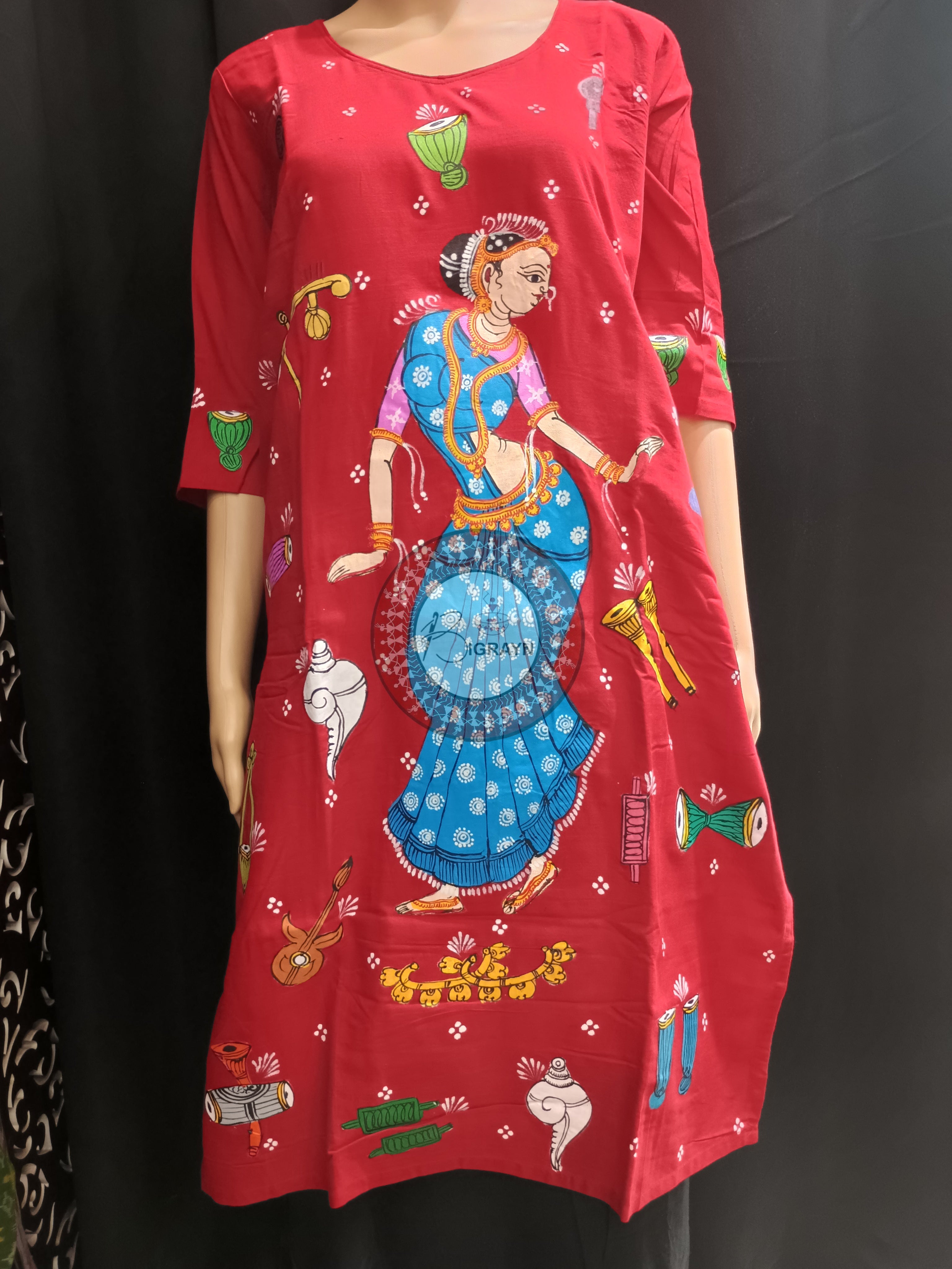 Red Dancer And Musical Instrument Theme Hand Painted Pattachitra Kurti