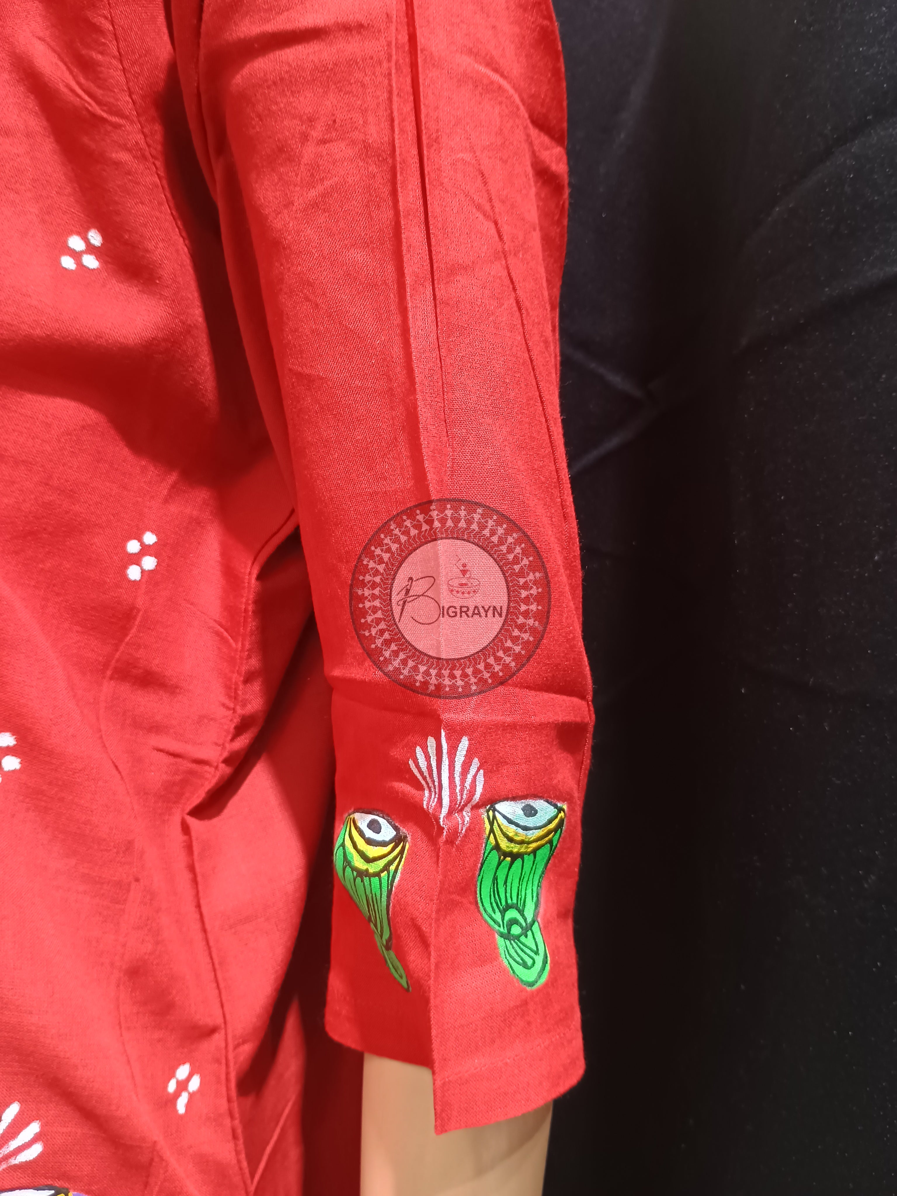 Red Dancer And Musical Instrument Theme Hand Painted Pattachitra Kurti