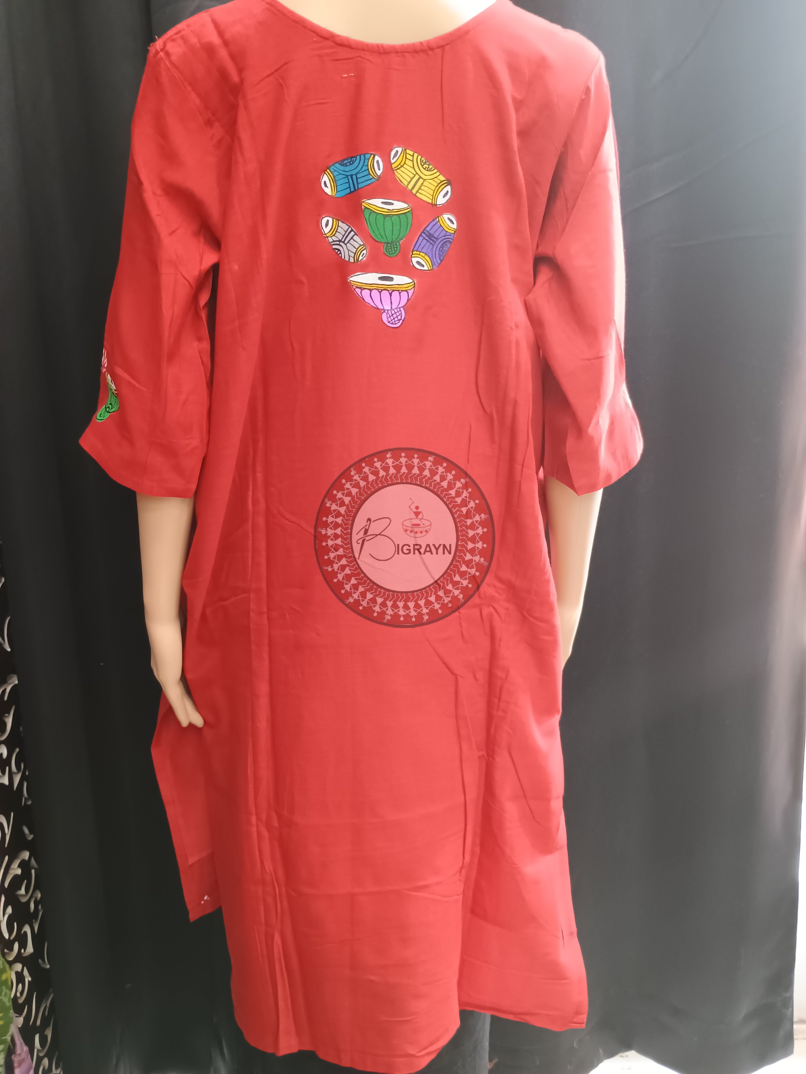 Red Dancer And Musical Instrument Theme Hand Painted Pattachitra Kurti