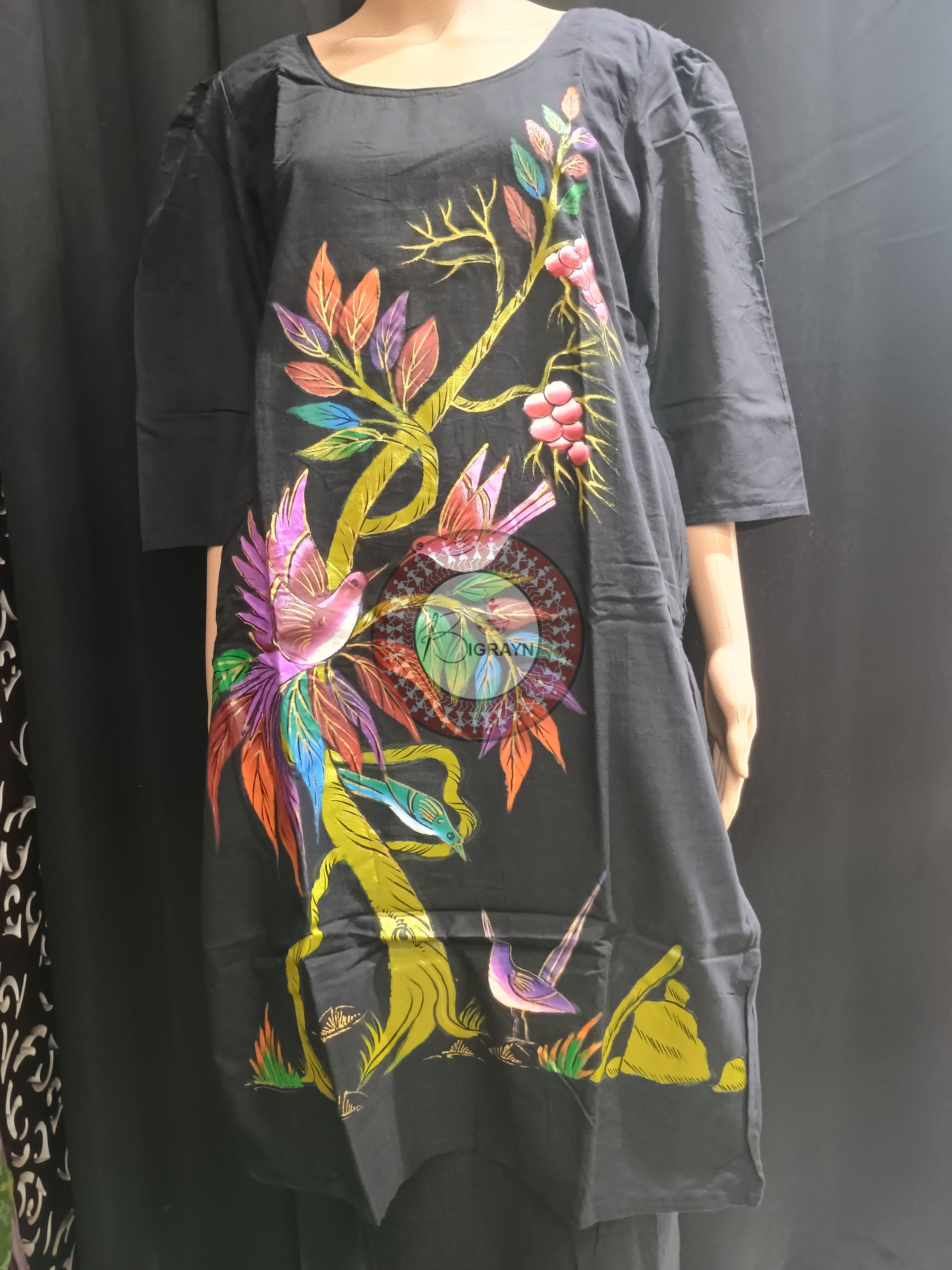 Black Birds And Tree Morden Art Theme Hand Painted Pattachitra Kurti