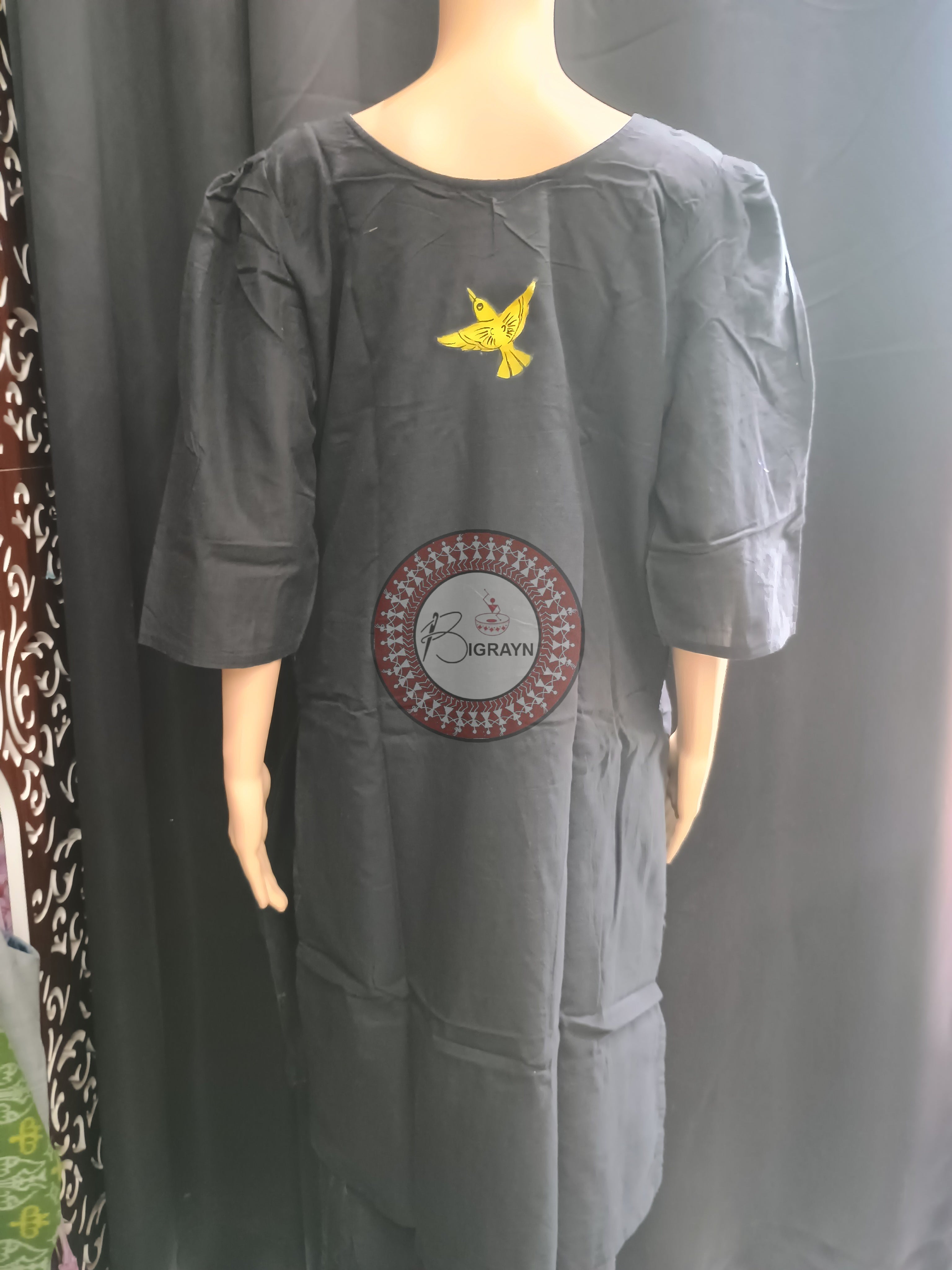 Black Birds And Tree Morden Art Theme Hand Painted Pattachitra Kurti