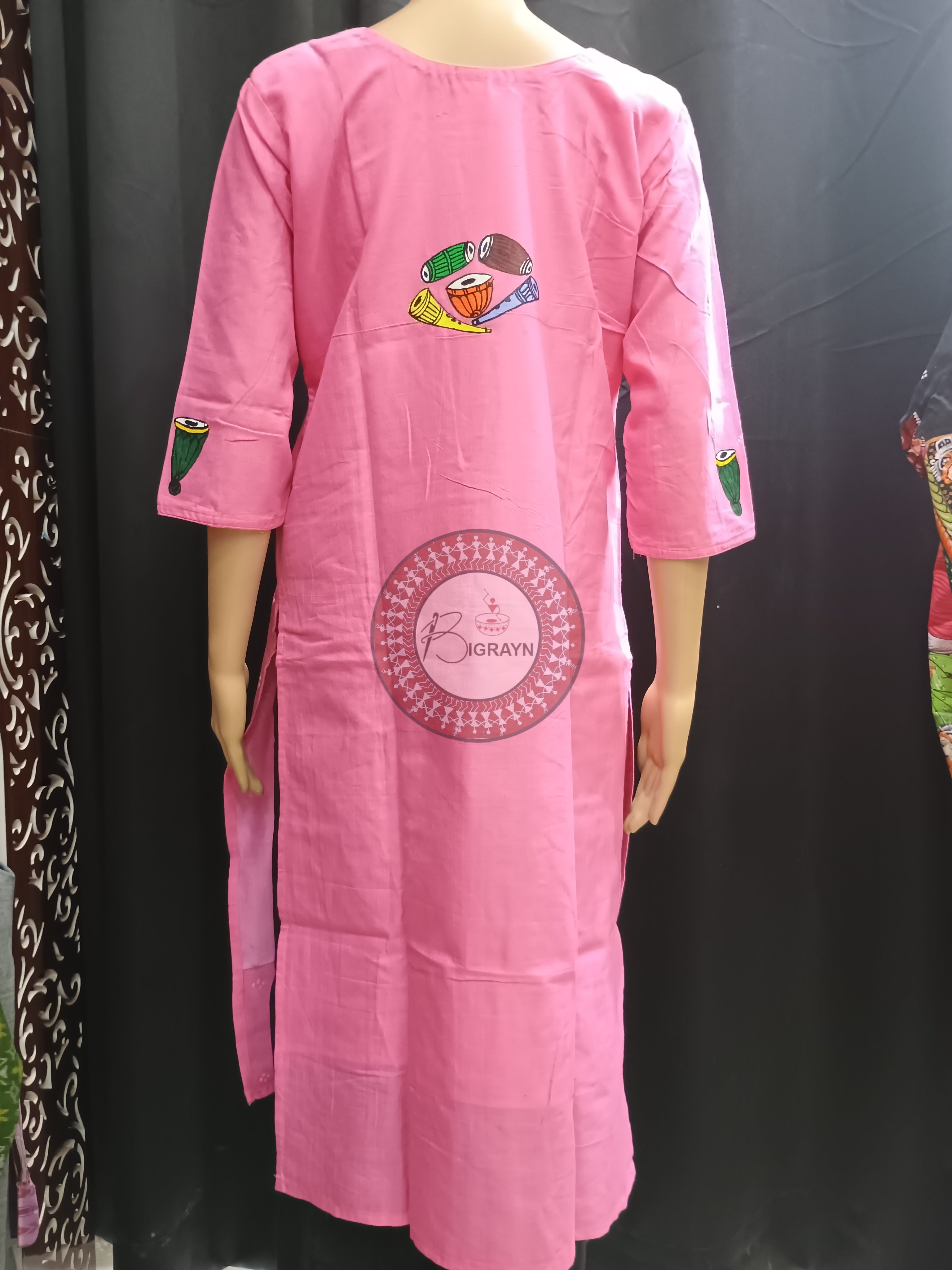 Pink Dancer And Musical Instrument Theme Hand Painted Pattachitra Kurti