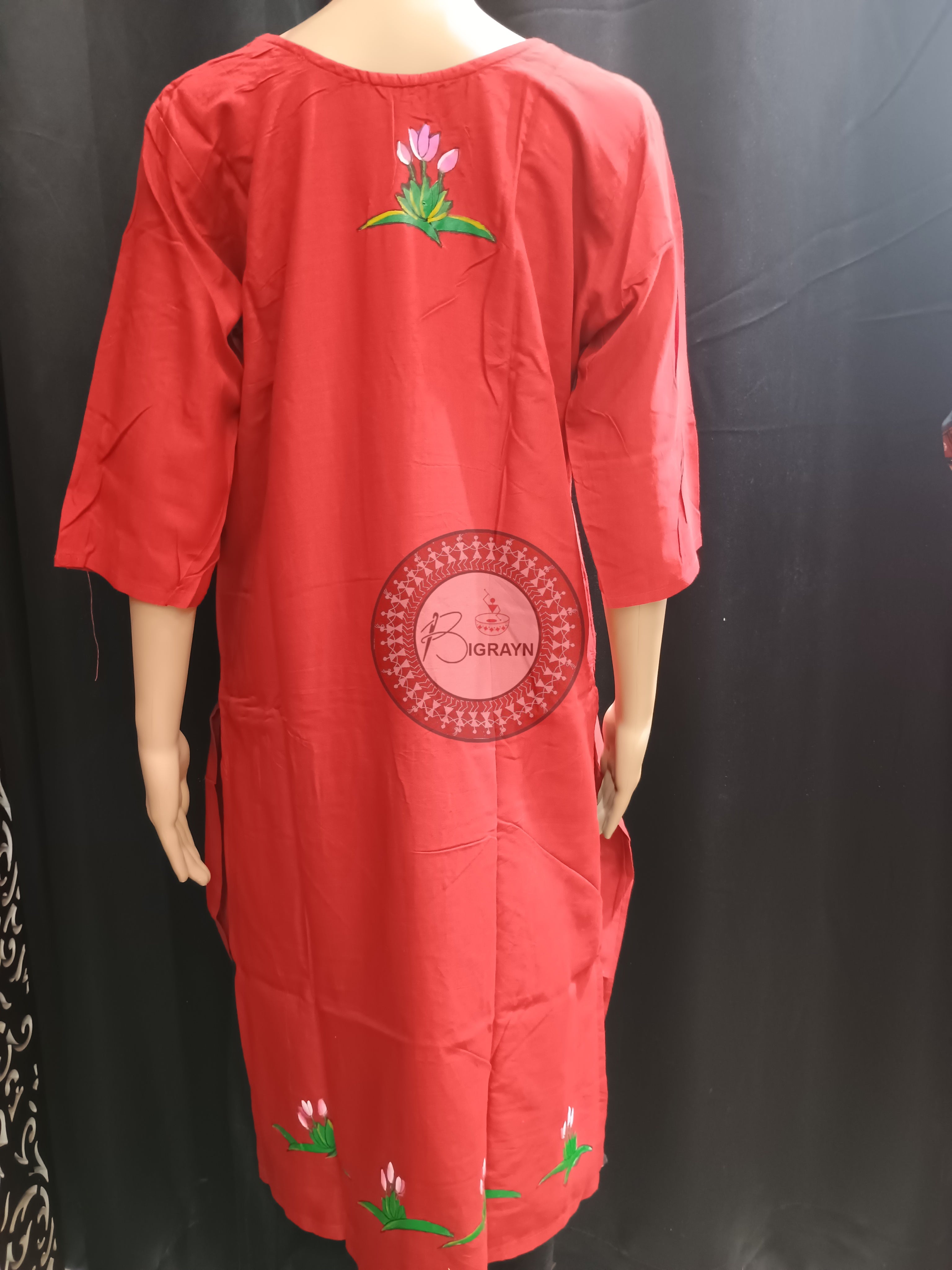 Red Ashoka Theme Mordern Art Hand Painted Pattachitra Kurti