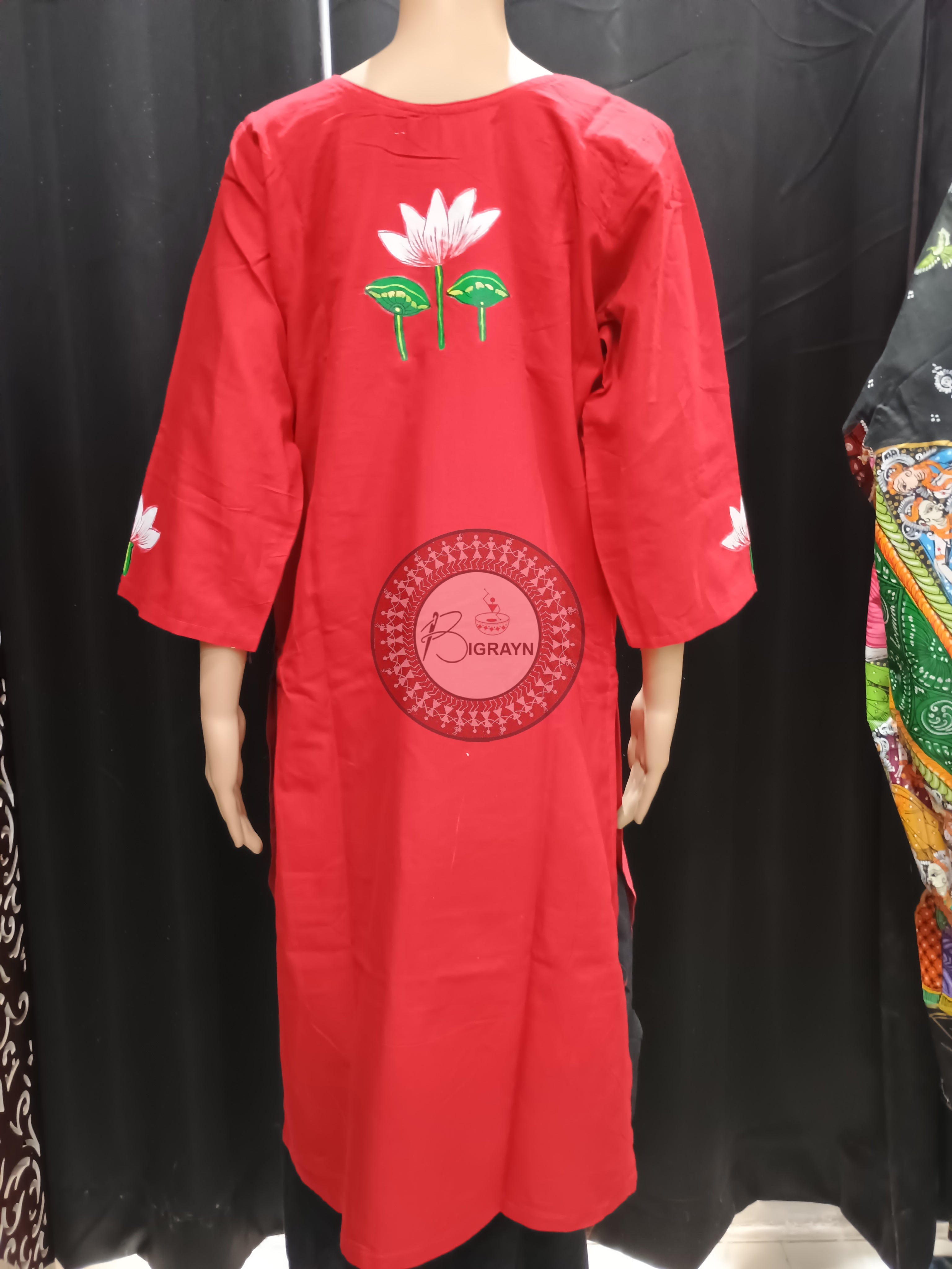 Red Mastya Kanya Theme Hand Painted Pattachitra Kurti