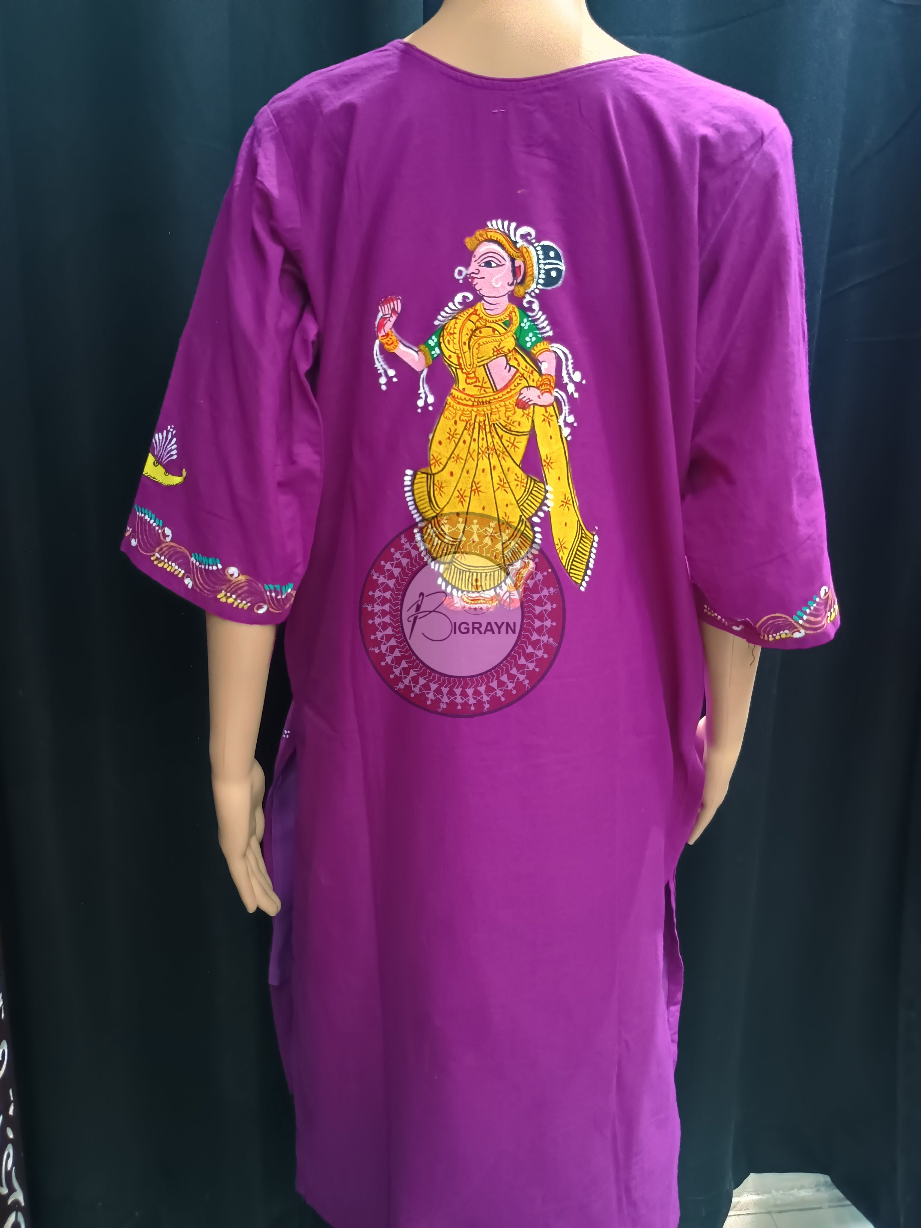 Purple Dancer And Musical Instrument Theme Hand Painted Pattachitra Kurti