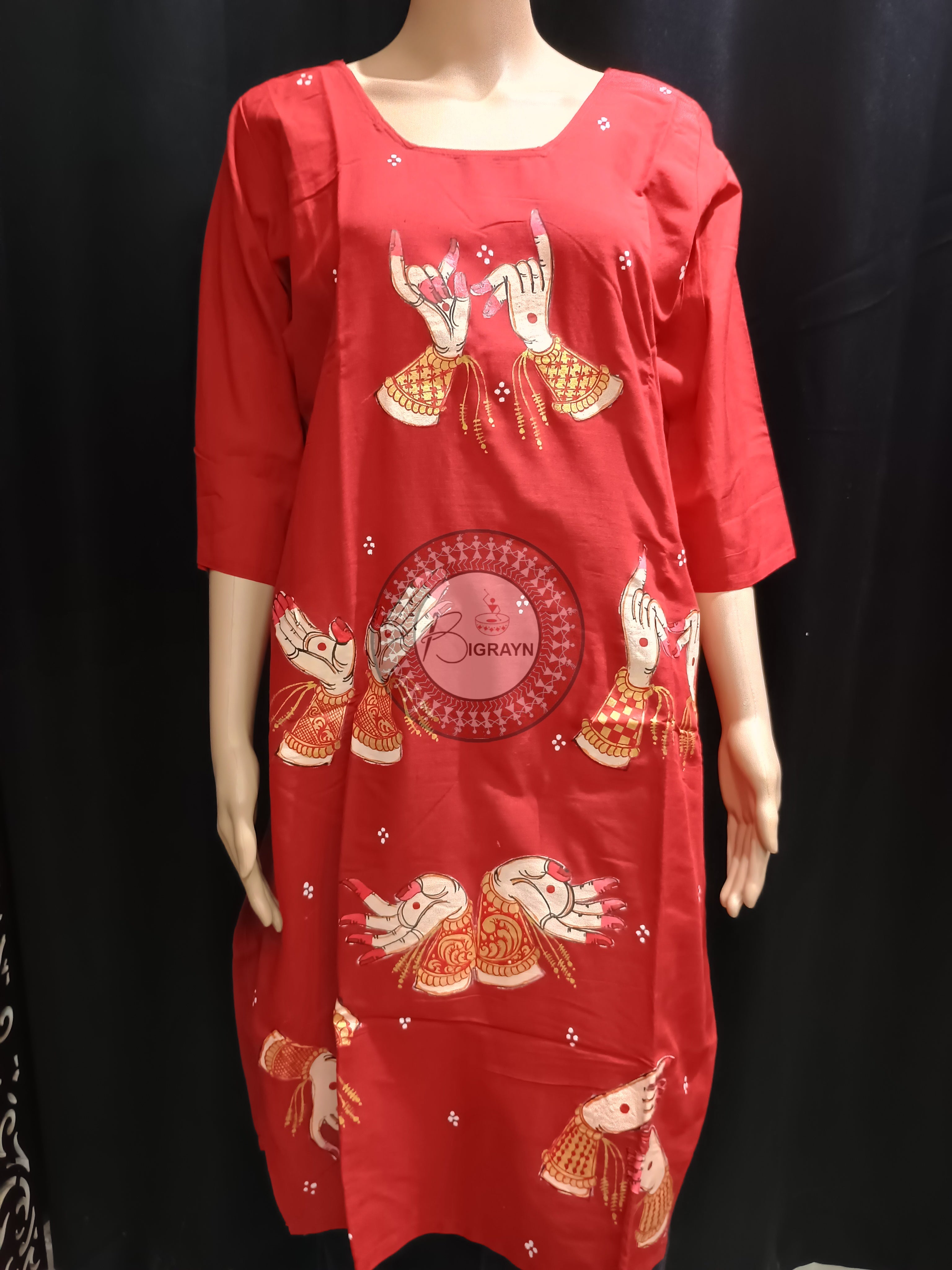 Red Odishi Mudra Theme Hand Painted Pattachitra Kurti