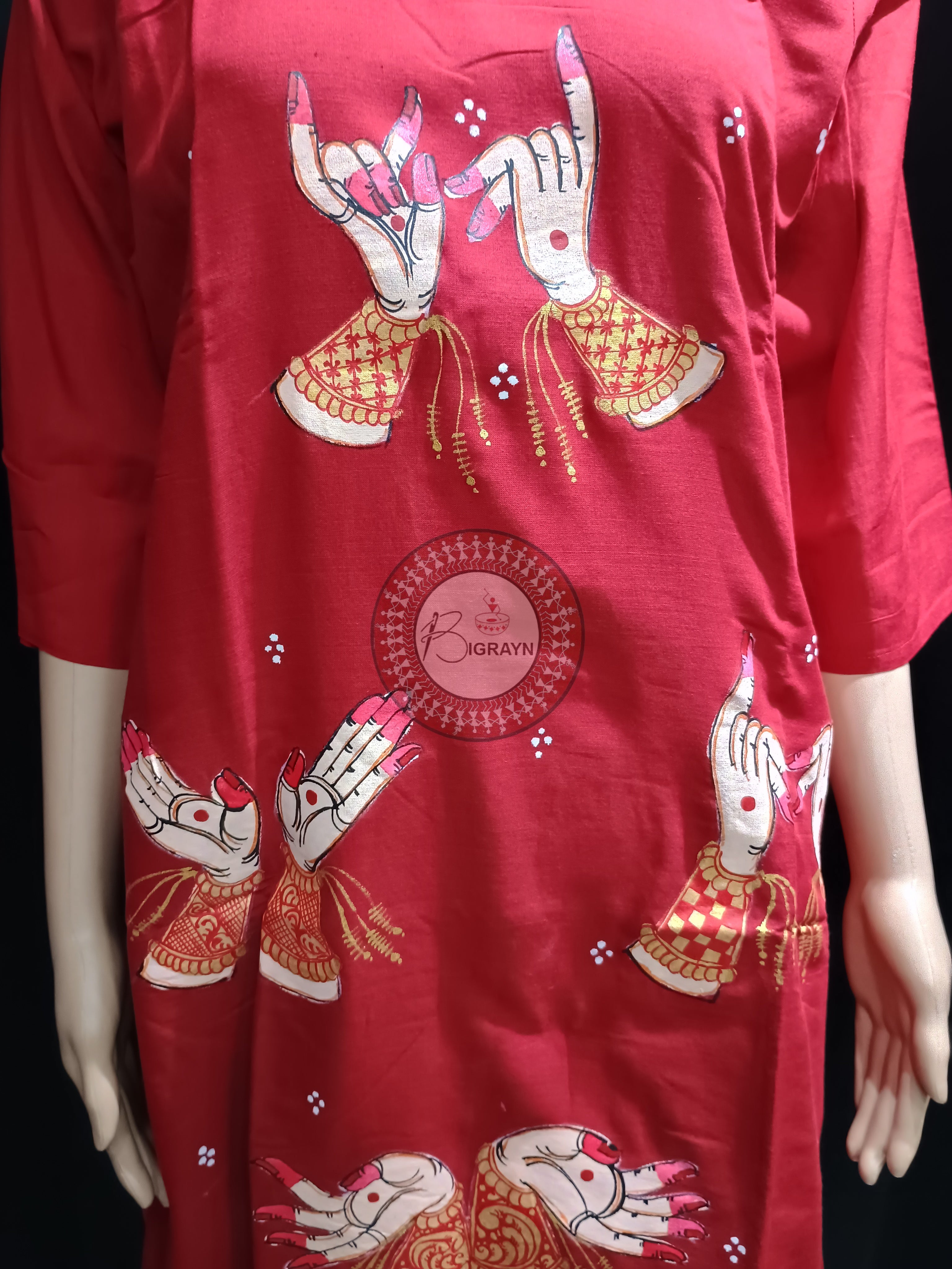 Red Odishi Mudra Theme Hand Painted Pattachitra Kurti