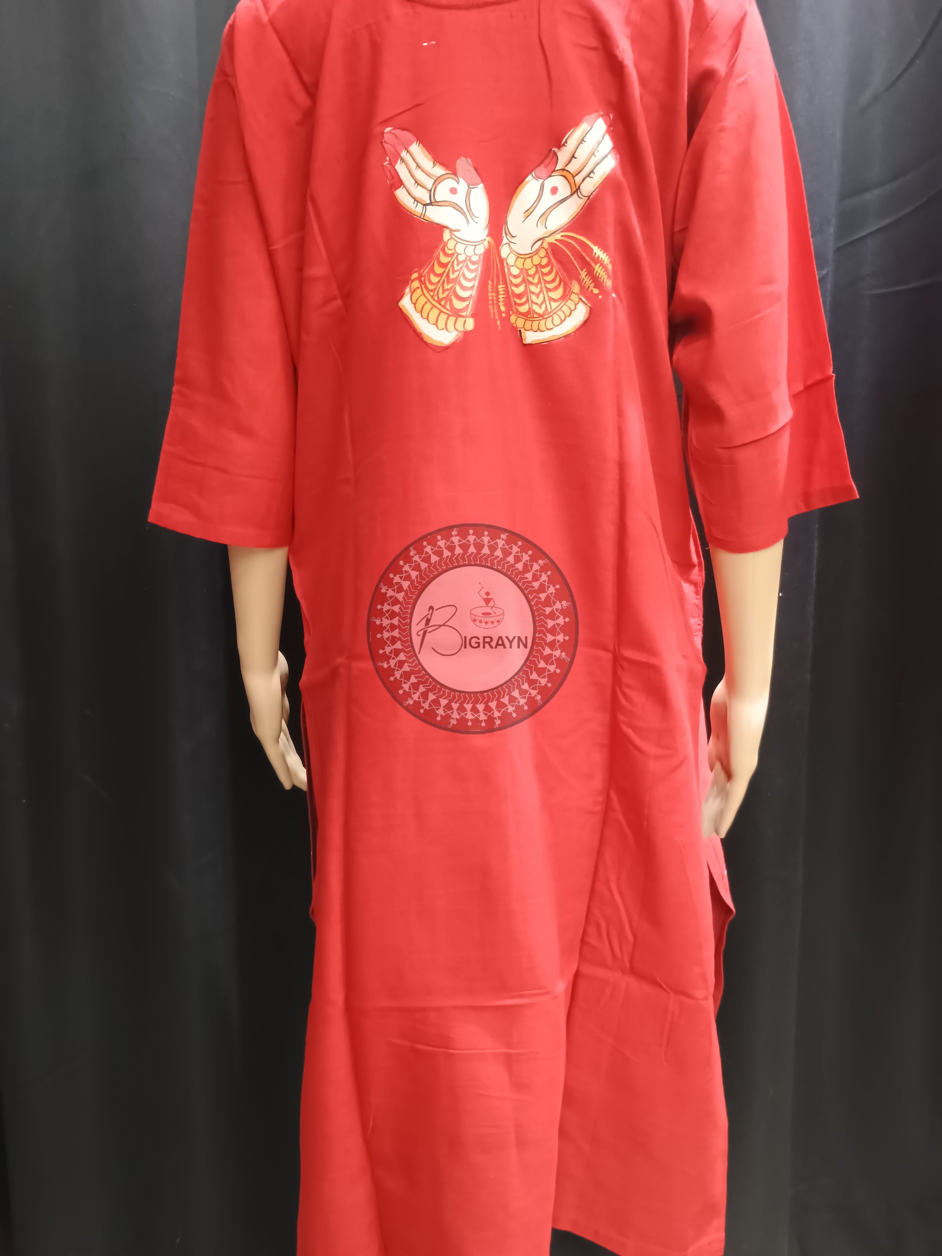 Red Odishi Mudra Theme Hand Painted Pattachitra Kurti