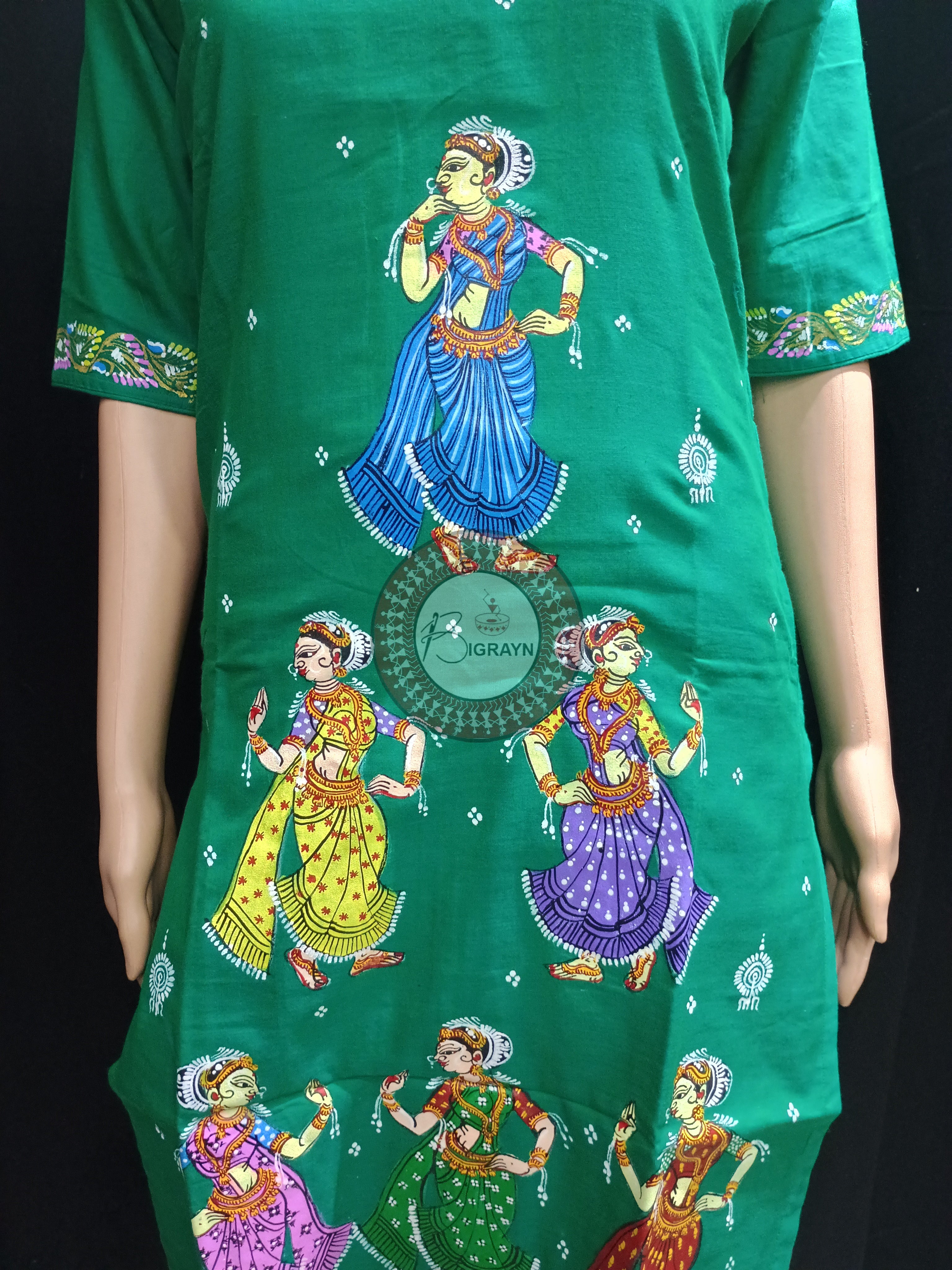 Sea Green Dancer Theme Hand Painted Pattachitra Kurti
