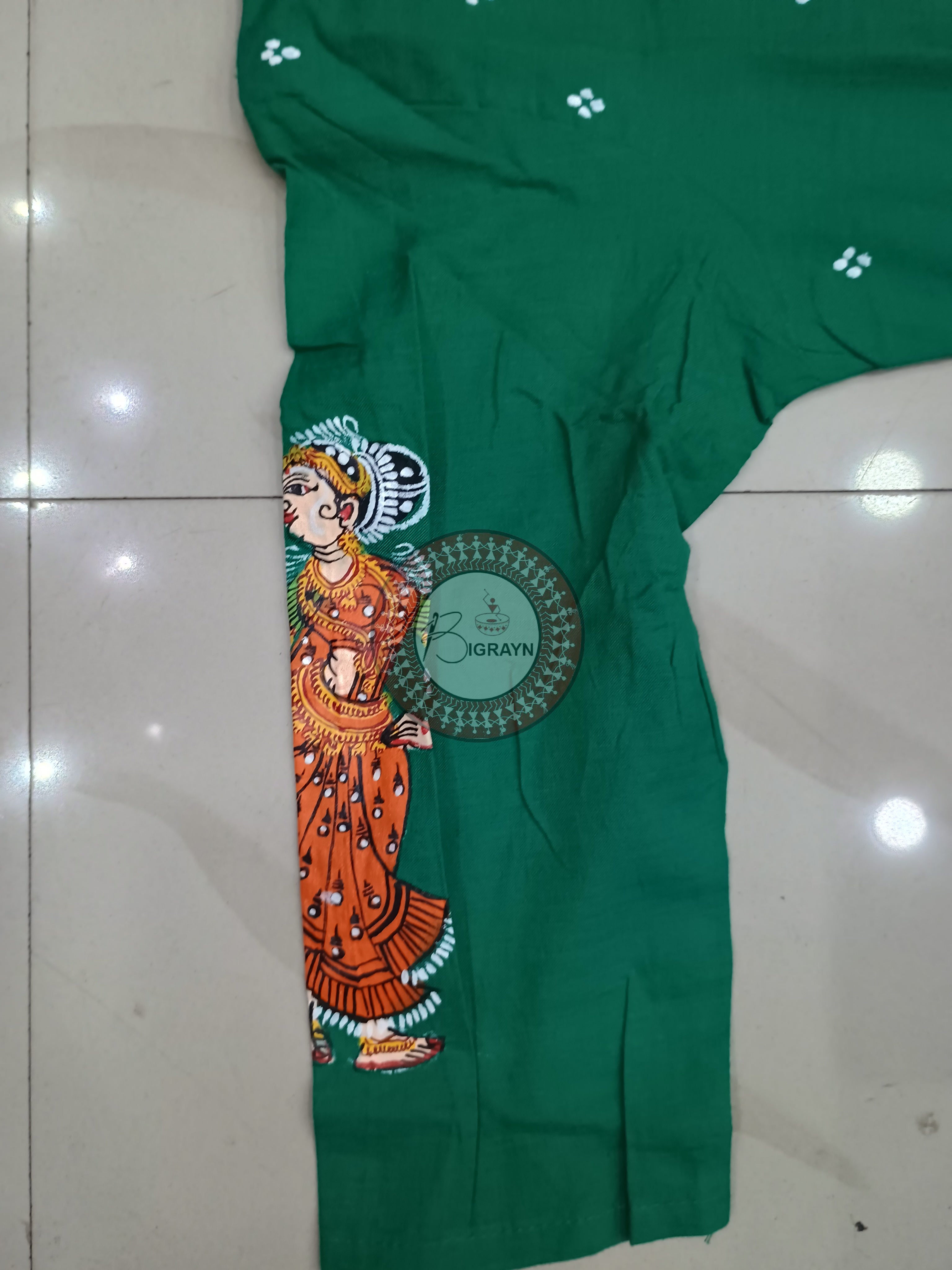 Sea Green Konark Wheel And Dancer Theme Hand Painted Pattachitra Kurti