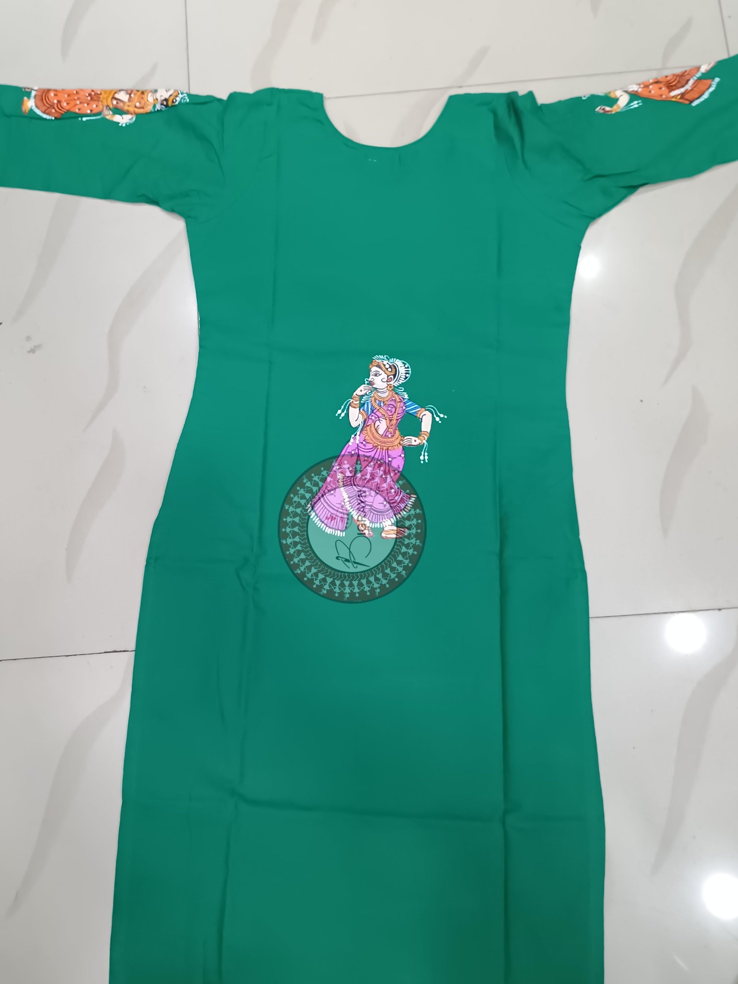 Sea Green Konark Wheel And Dancer Theme Hand Painted Pattachitra Kurti
