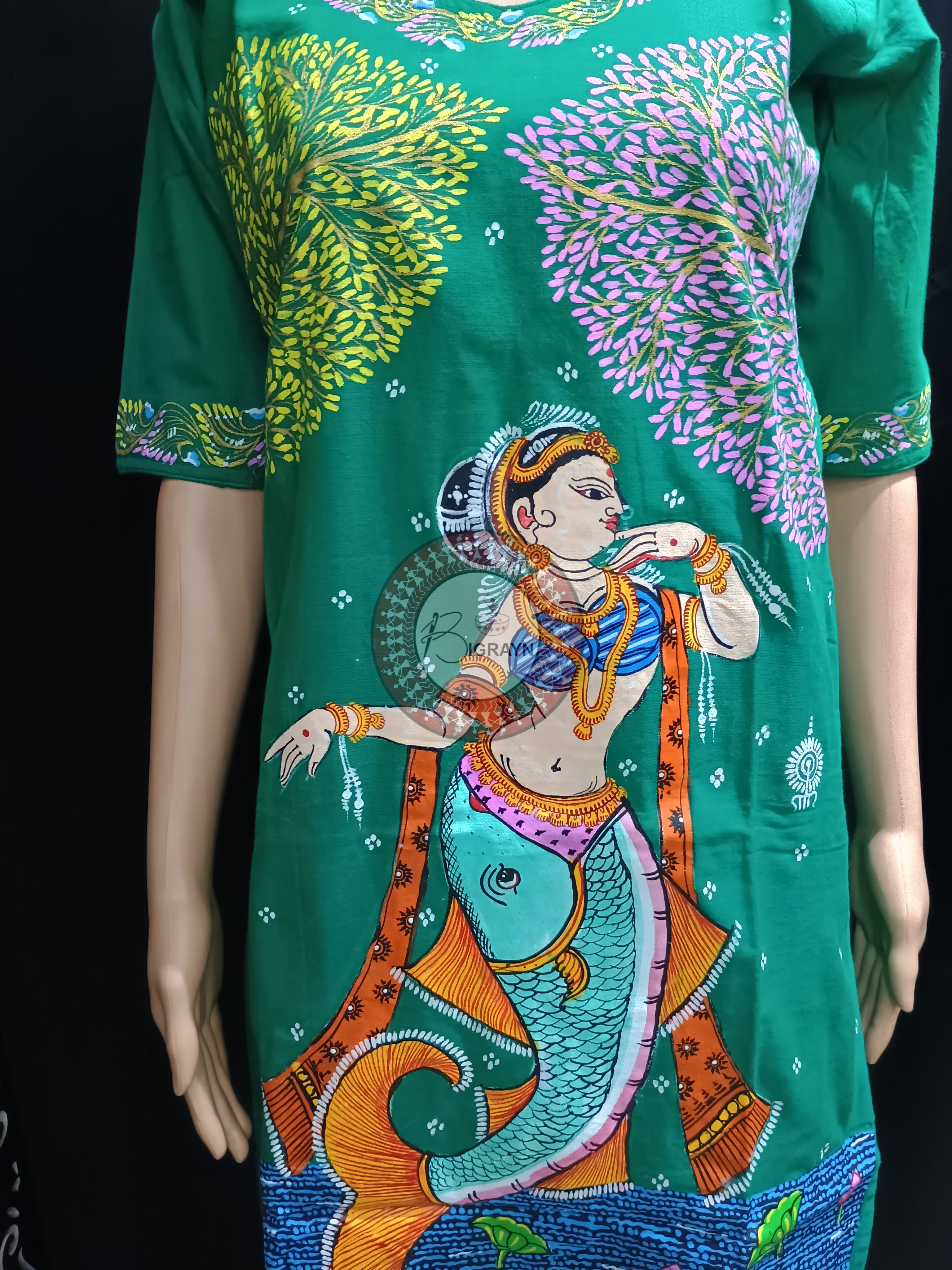 Sea Green Mastya Kanya Theme Hand Painted Pattachitra Kurti