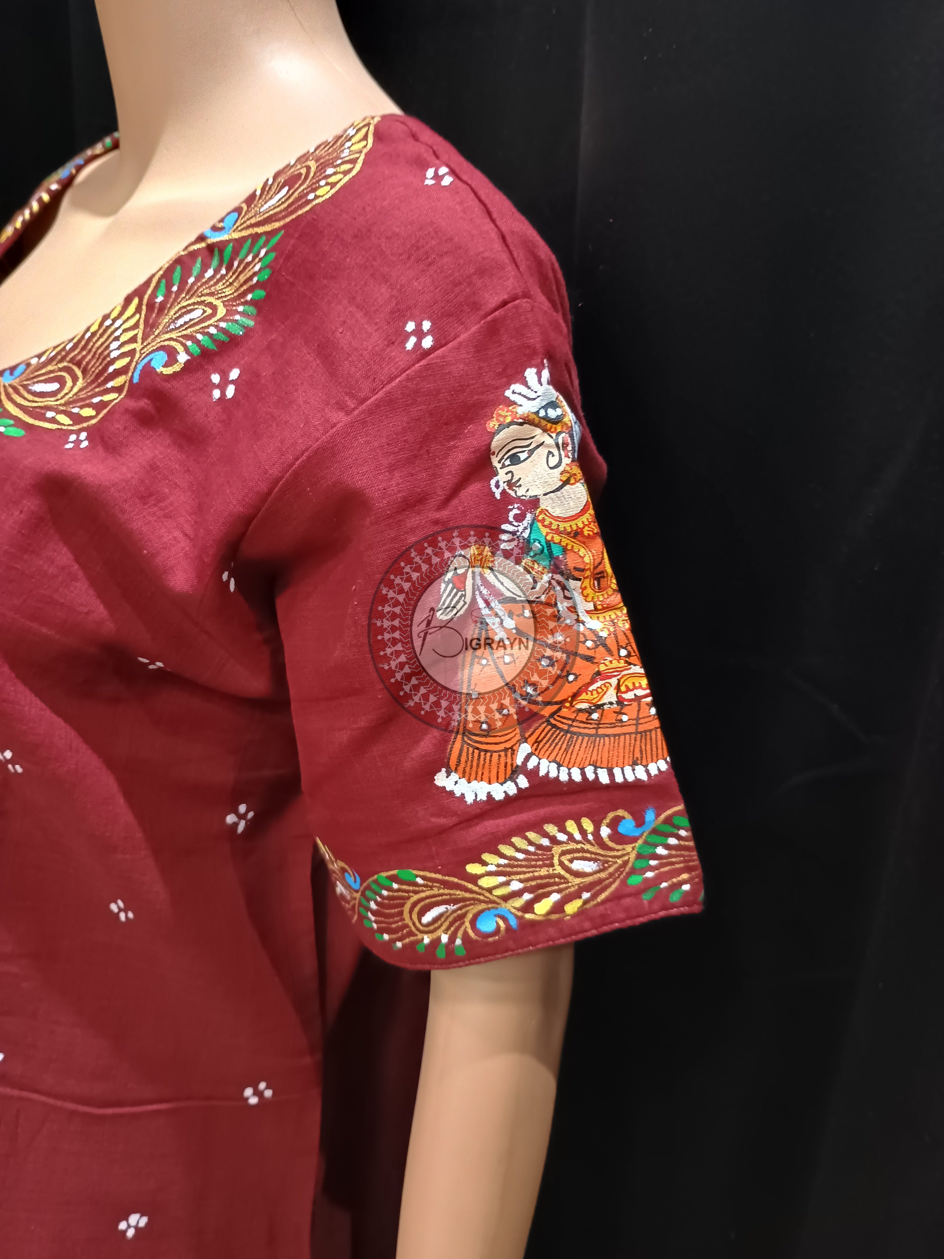 Maroon Konark Wheel And Dancer Theme Hand Painted Pattachitra Kurti