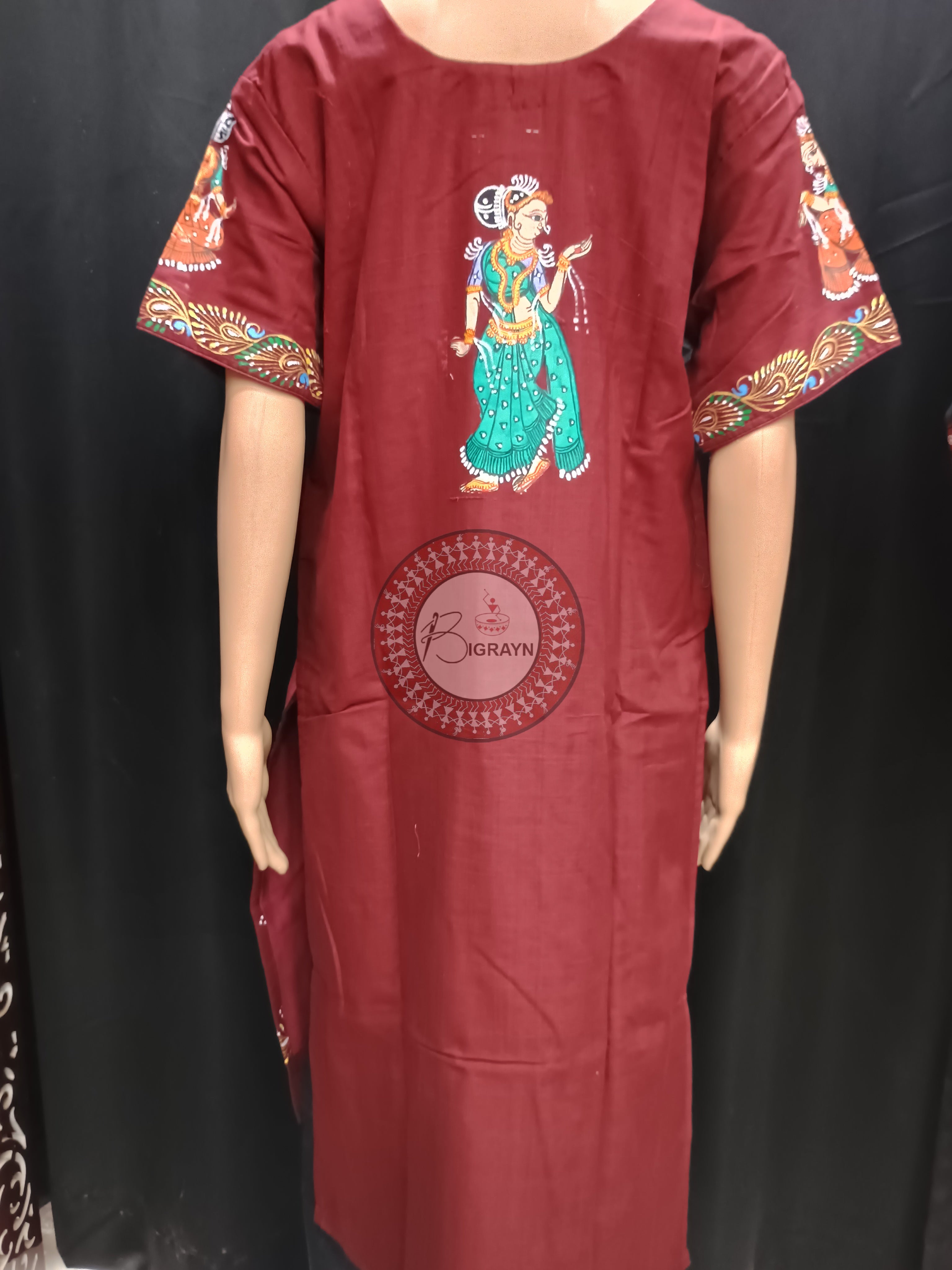 Maroon Konark Wheel And Dancer Theme Hand Painted Pattachitra Kurti