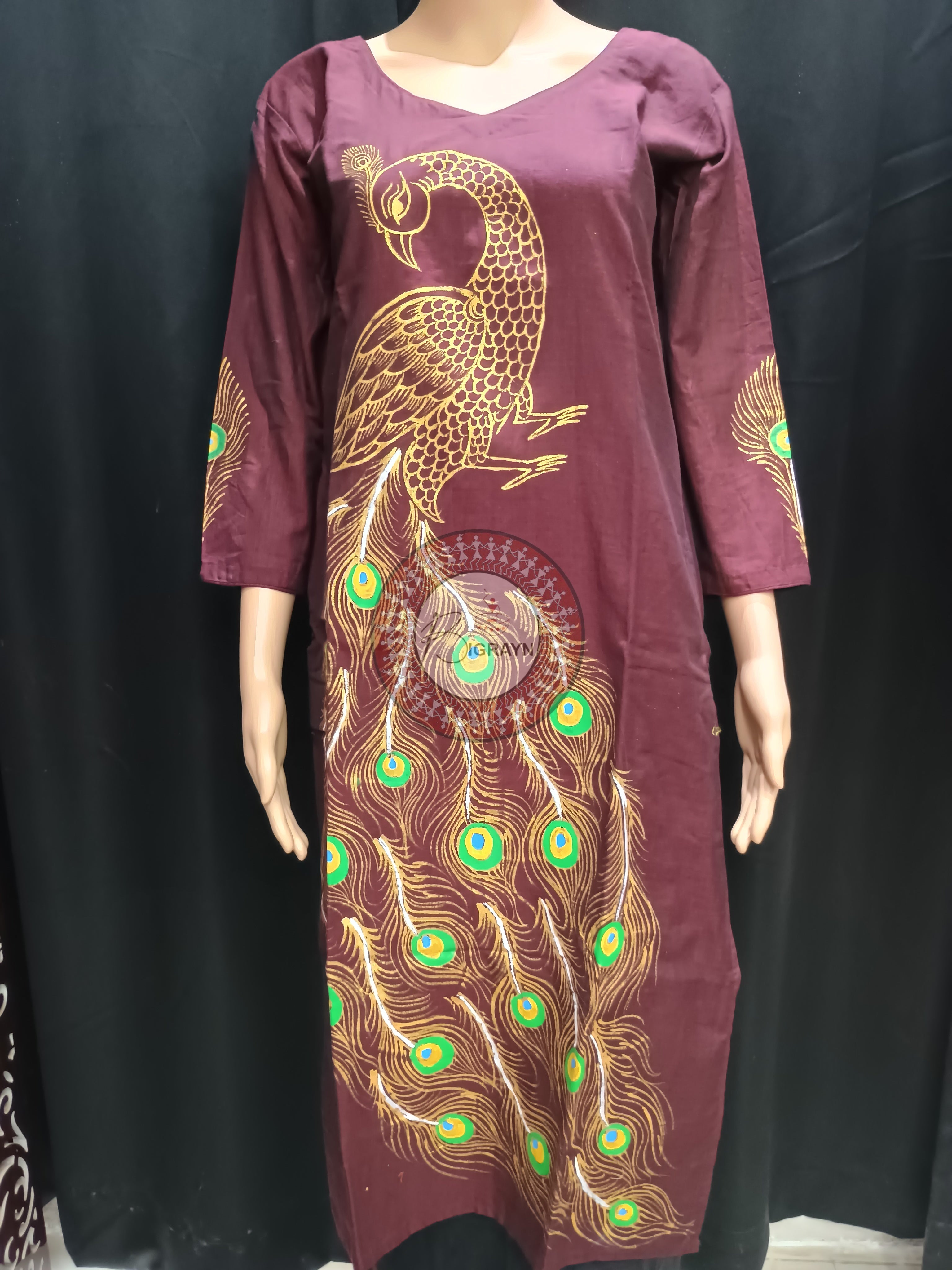 Coffee Peacock Theme Hand Painted Pattachitra Kurti