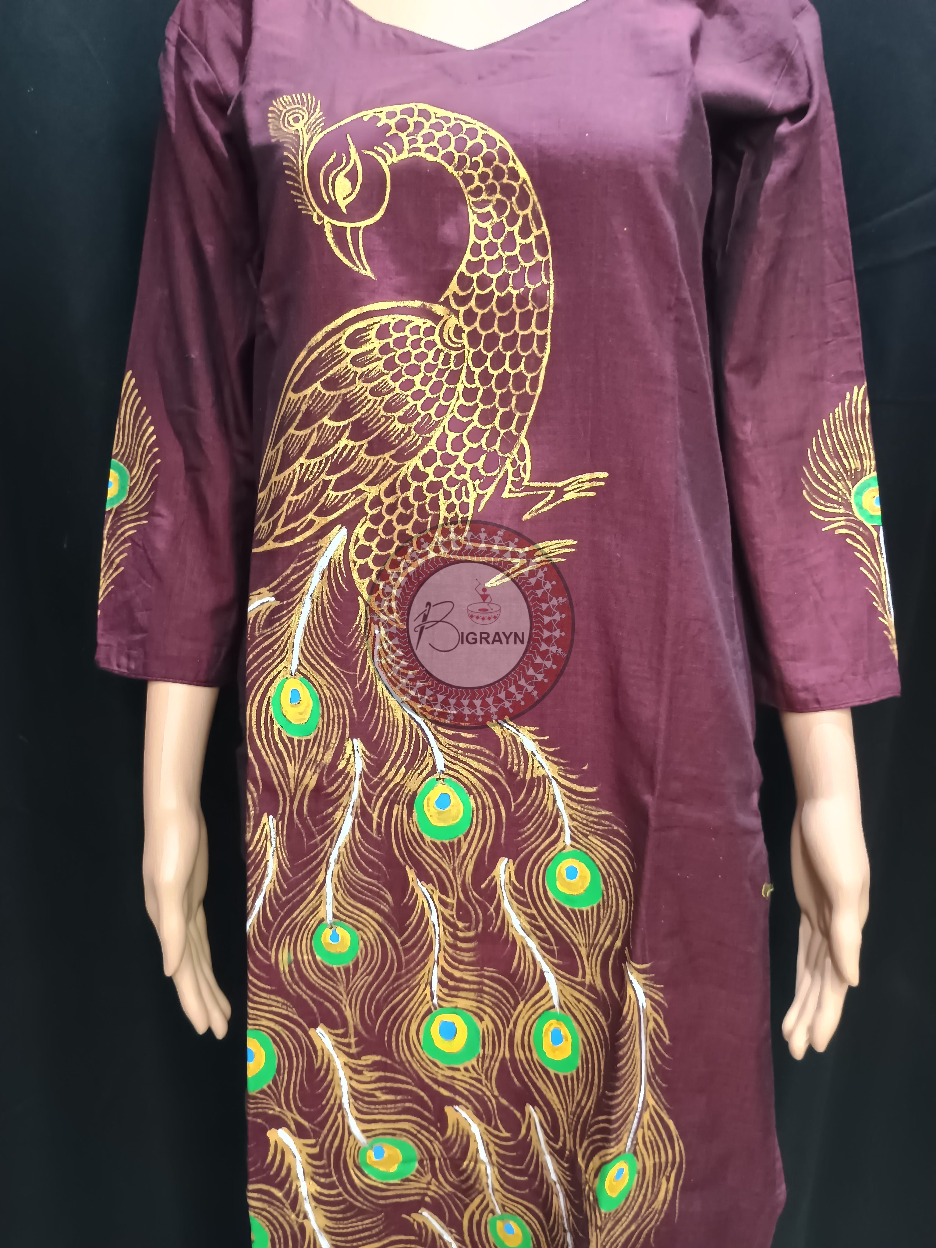 Coffee Peacock Theme Hand Painted Pattachitra Kurti