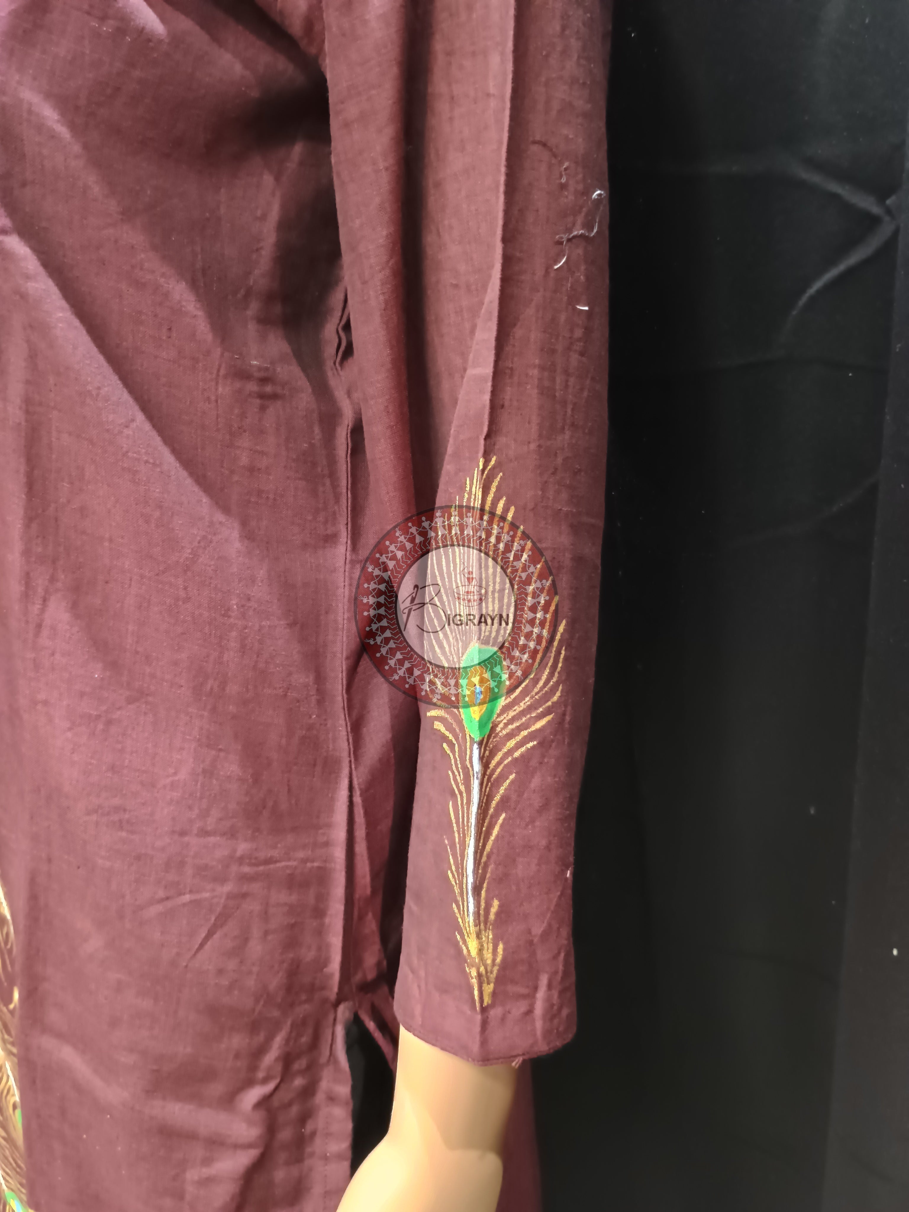 Coffee Peacock Theme Hand Painted Pattachitra Kurti