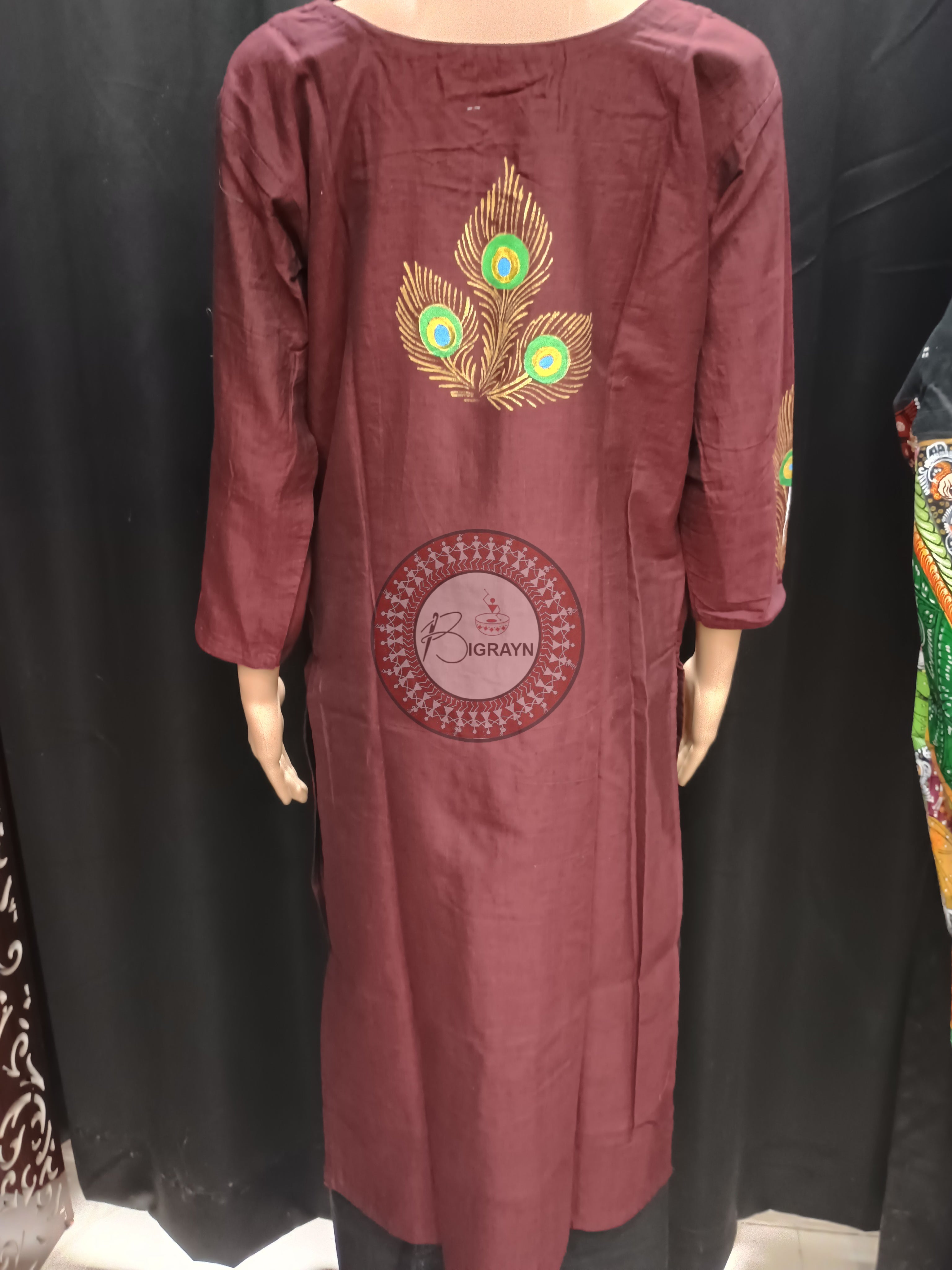 Coffee Peacock Theme Hand Painted Pattachitra Kurti