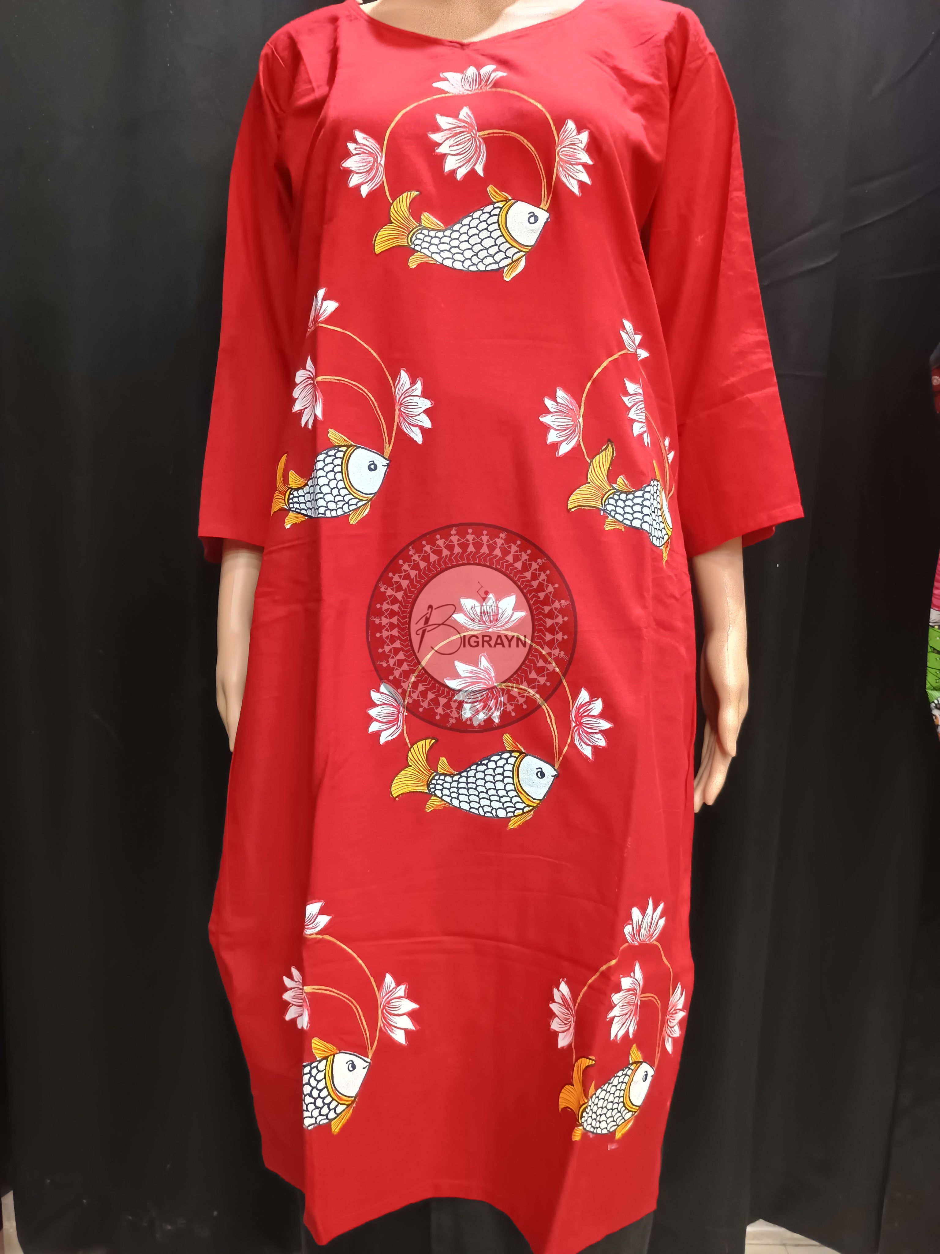 Red Lotus Fish Theme Hand Painted Pattachitra Kurti