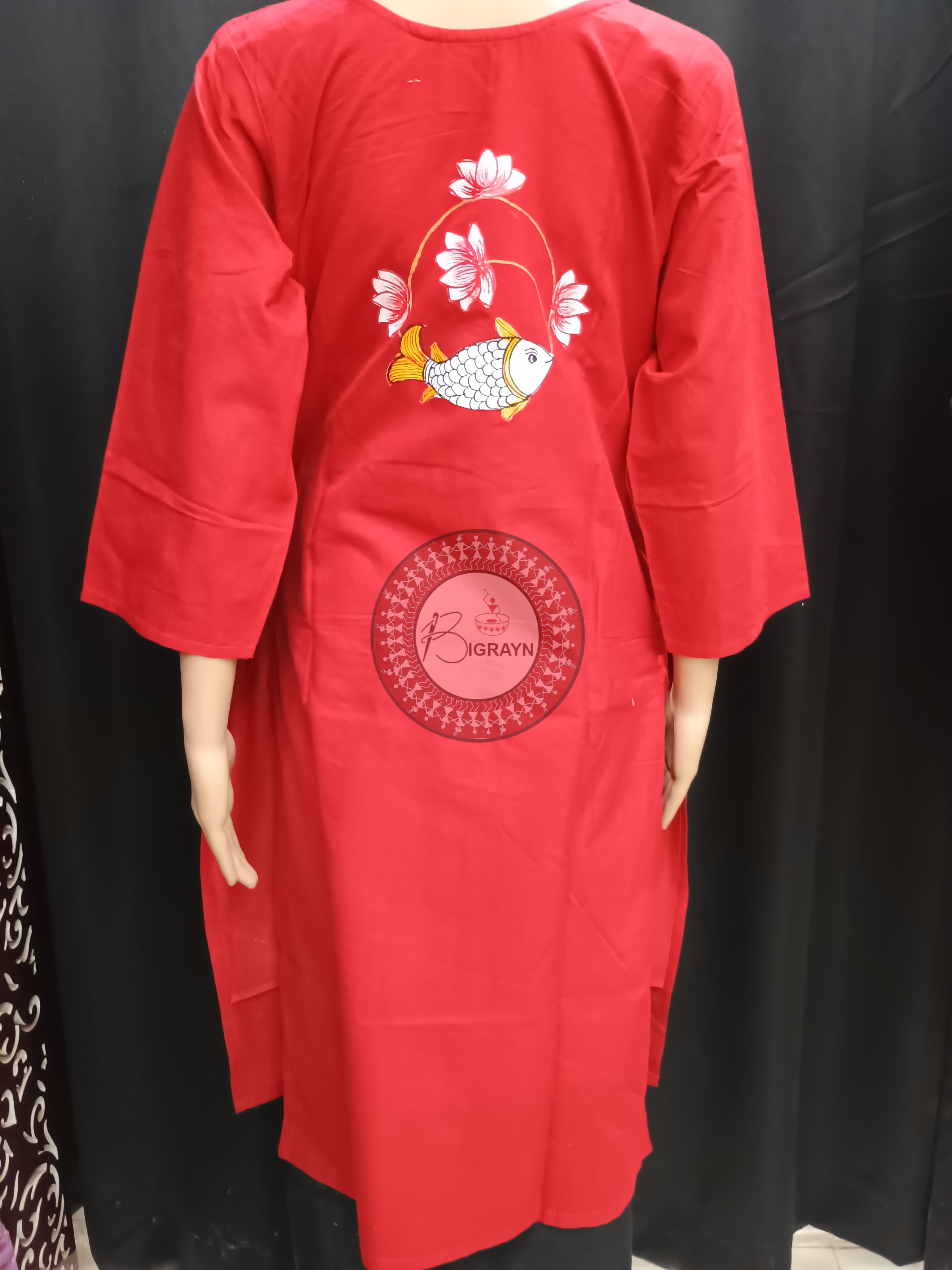 Red Lotus Fish Theme Hand Painted Pattachitra Kurti