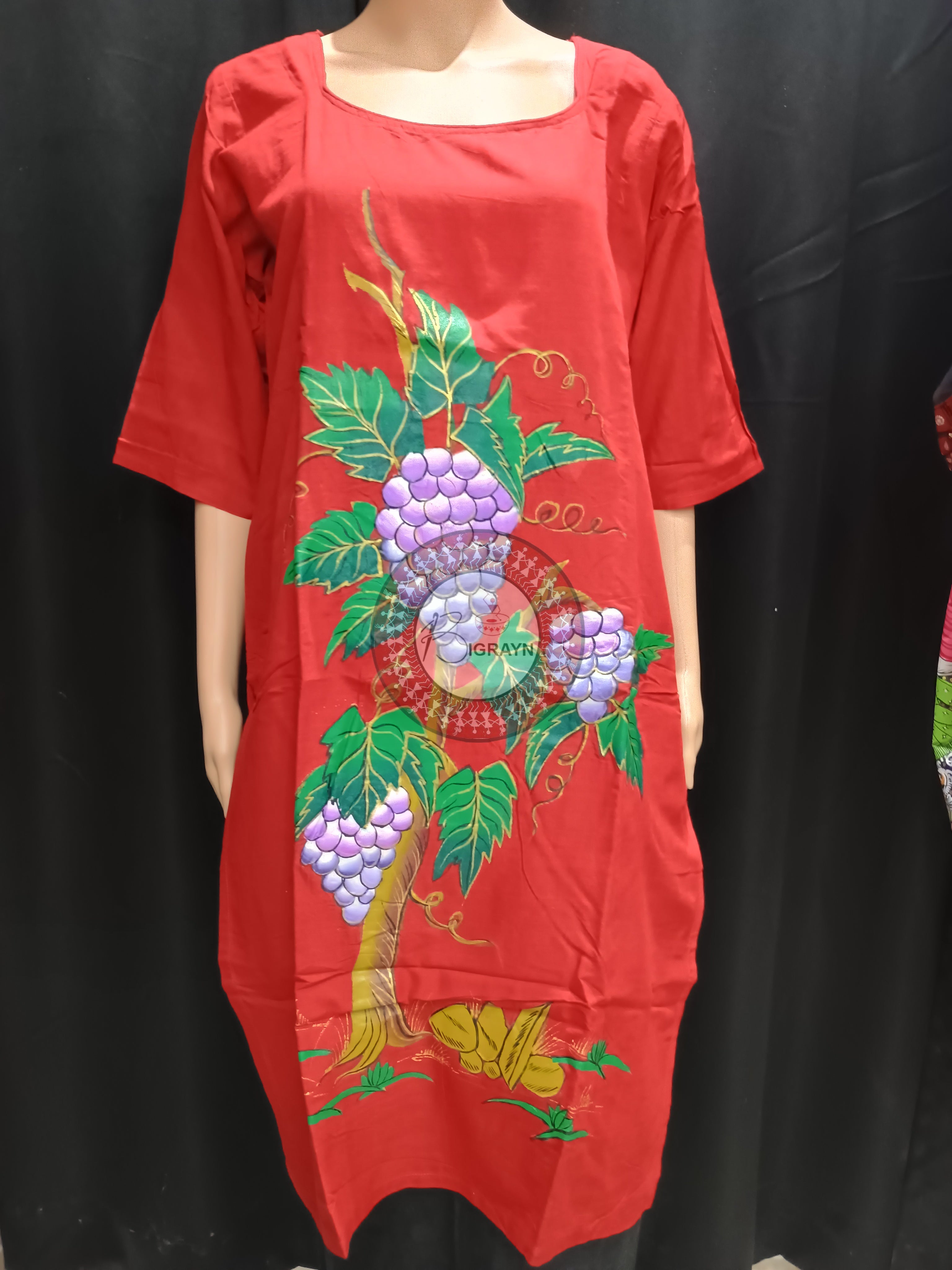 Red Fruits Tree Mordern Art Theme Hand Painted Pattachitra Kurti