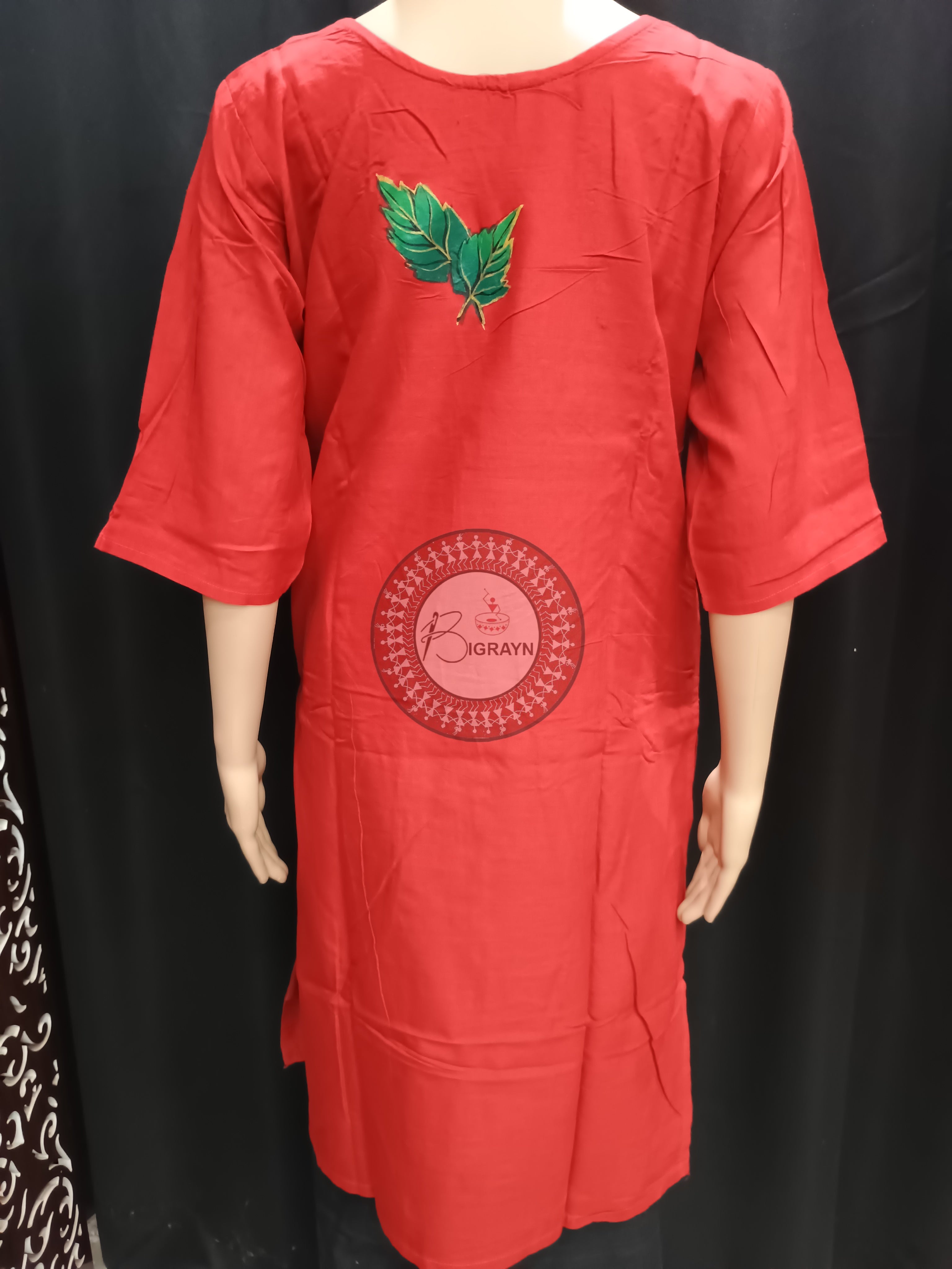 Red Fruits Tree Mordern Art Theme Hand Painted Pattachitra Kurti