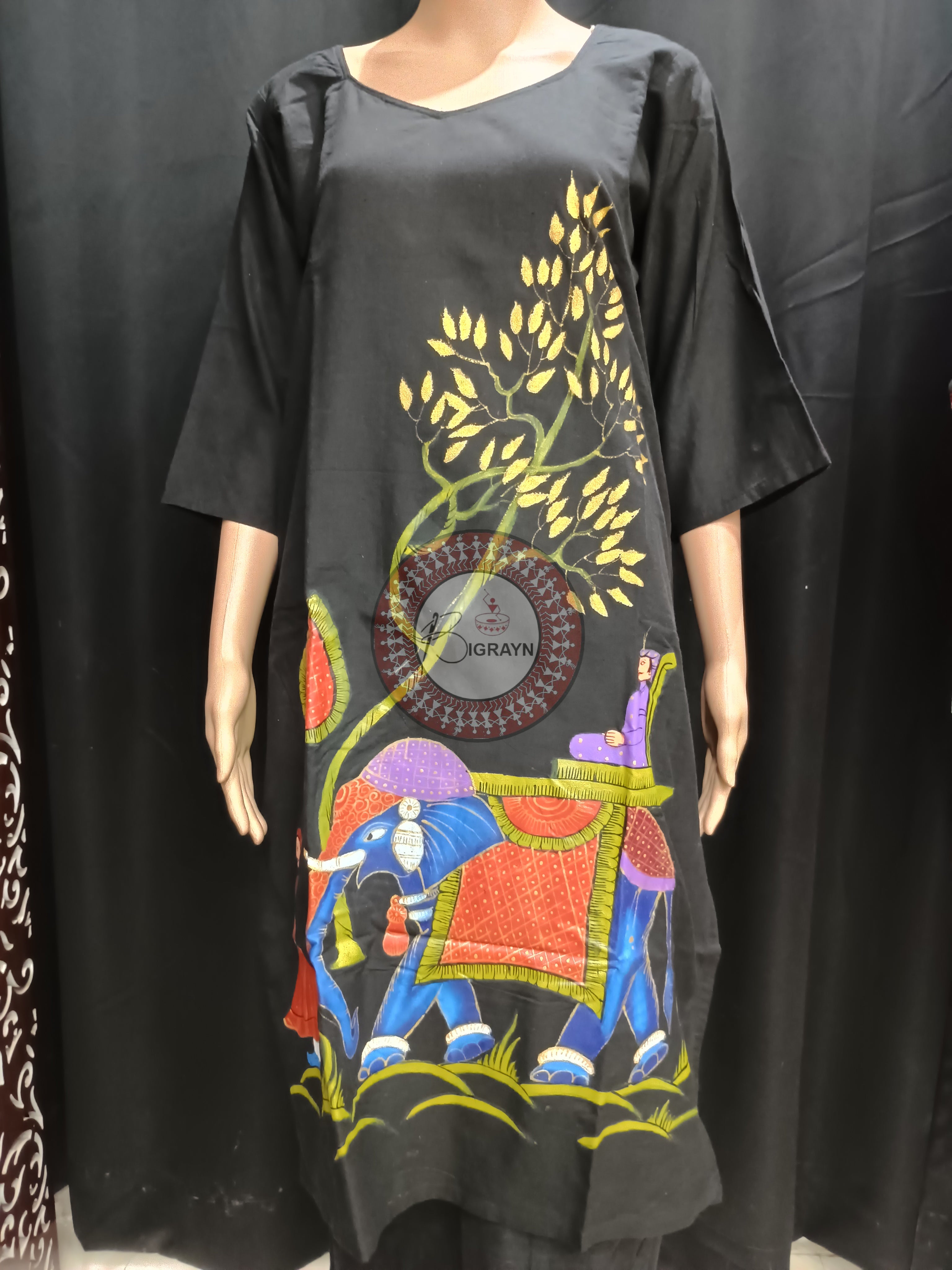 Black Ashoka Theme Hand Painted Pattachitra Kurti