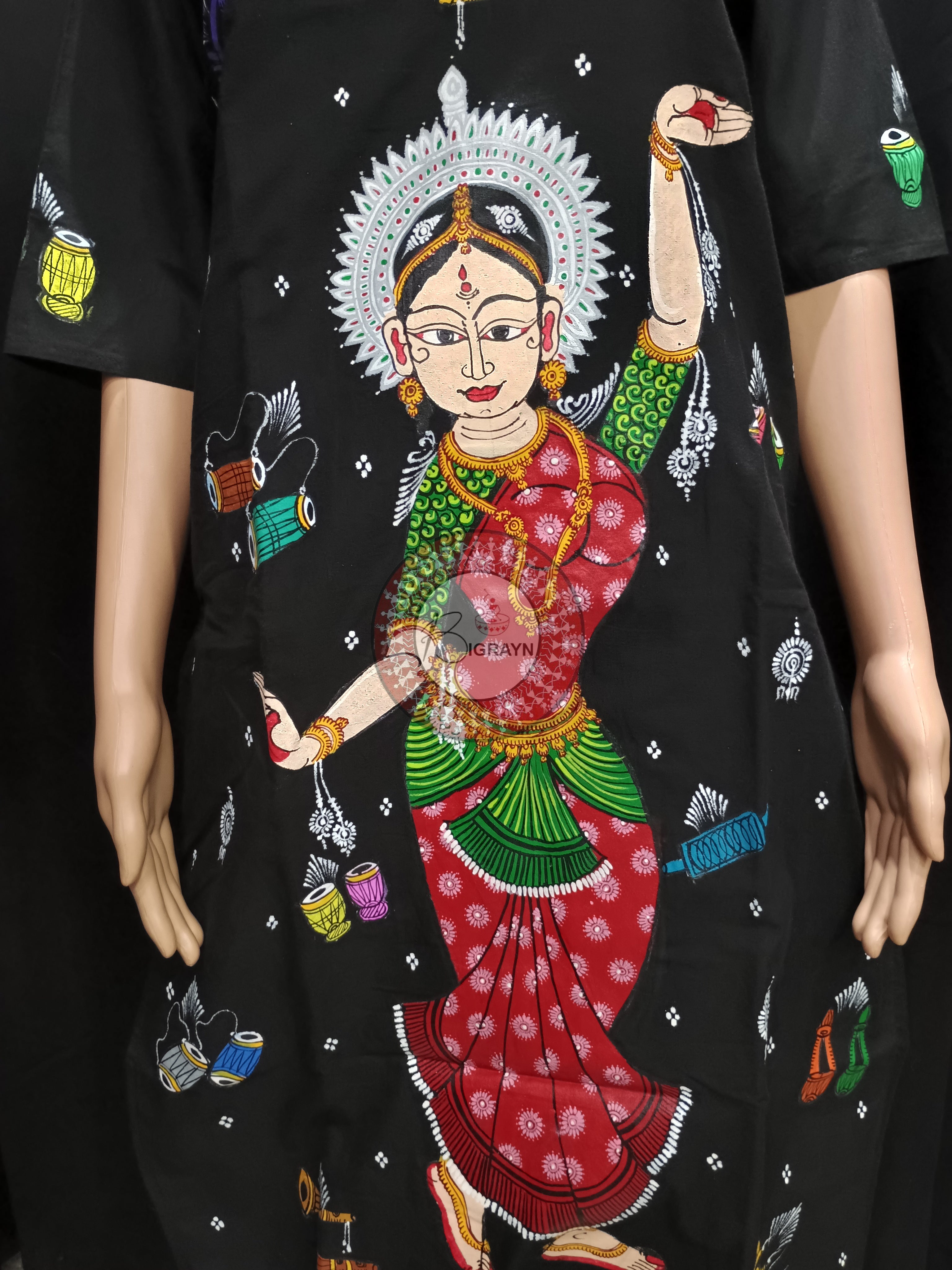 Black Dancer And Musical Instrument Theme Hand Painted Pattachitra Kurti