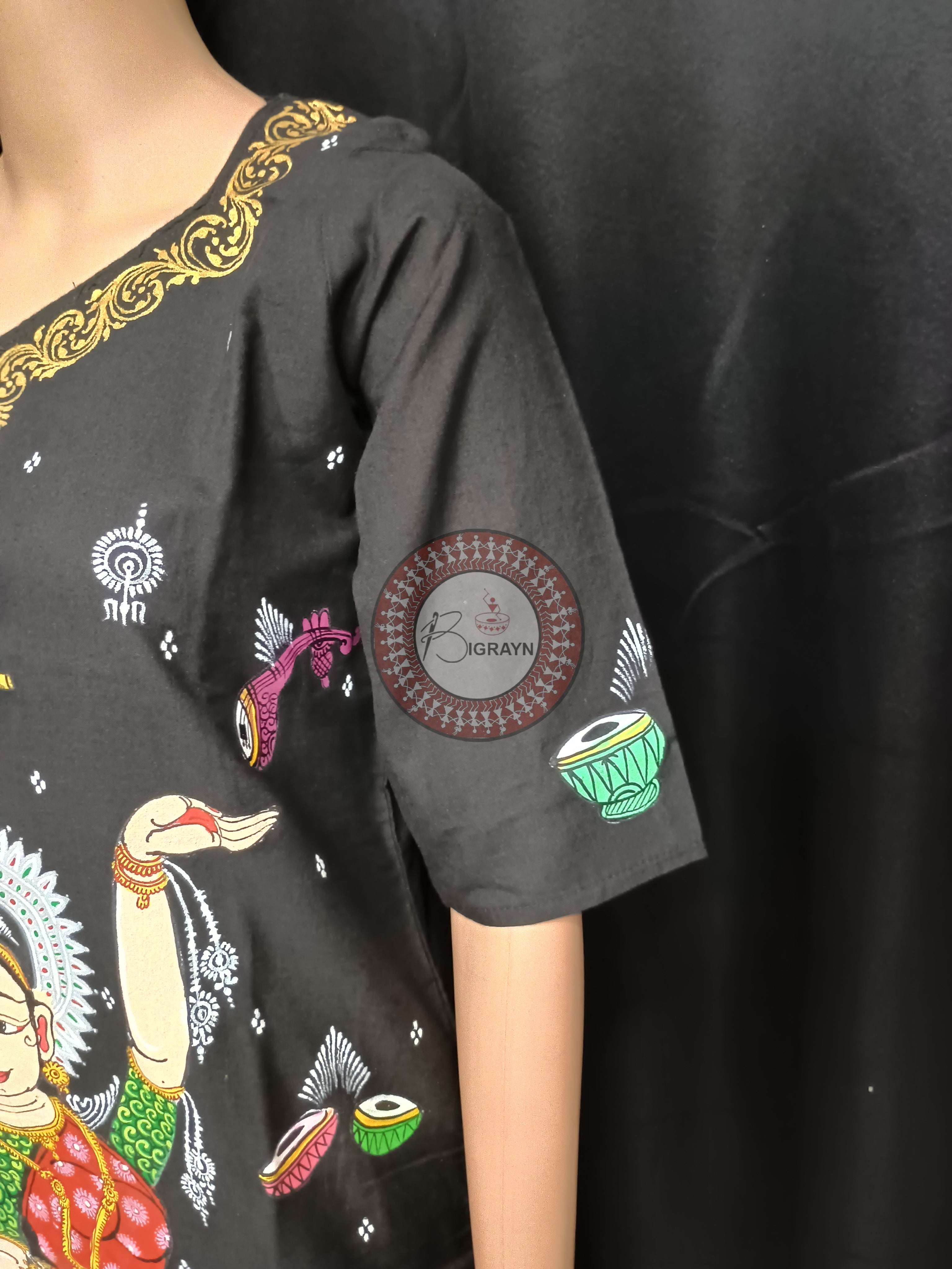 Black Dancer And Musical Instrument Theme Hand Painted Pattachitra Kurti