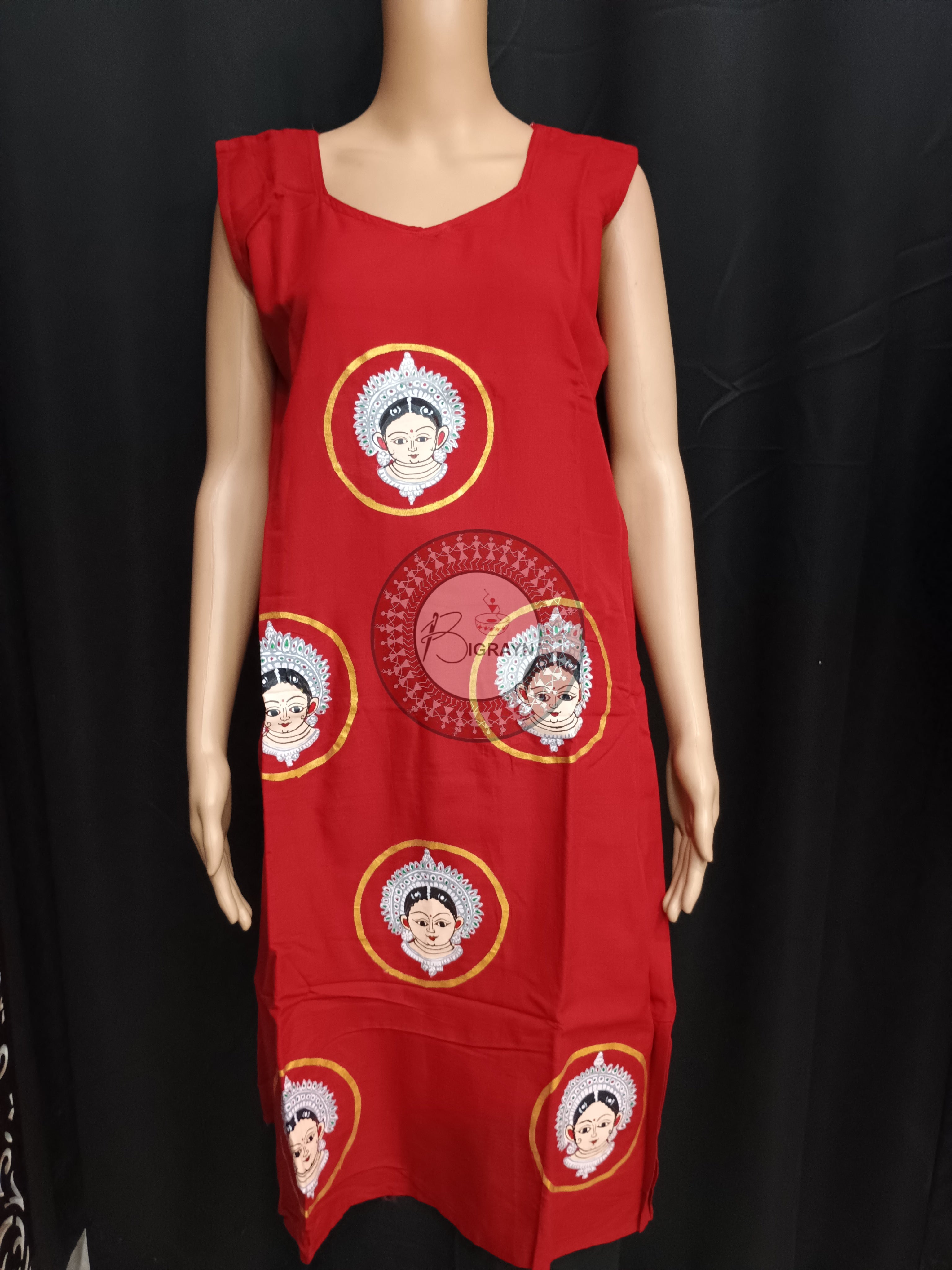 Maroon Odishi Mudra Face Theme Hand Painted Pattachitra Kurti