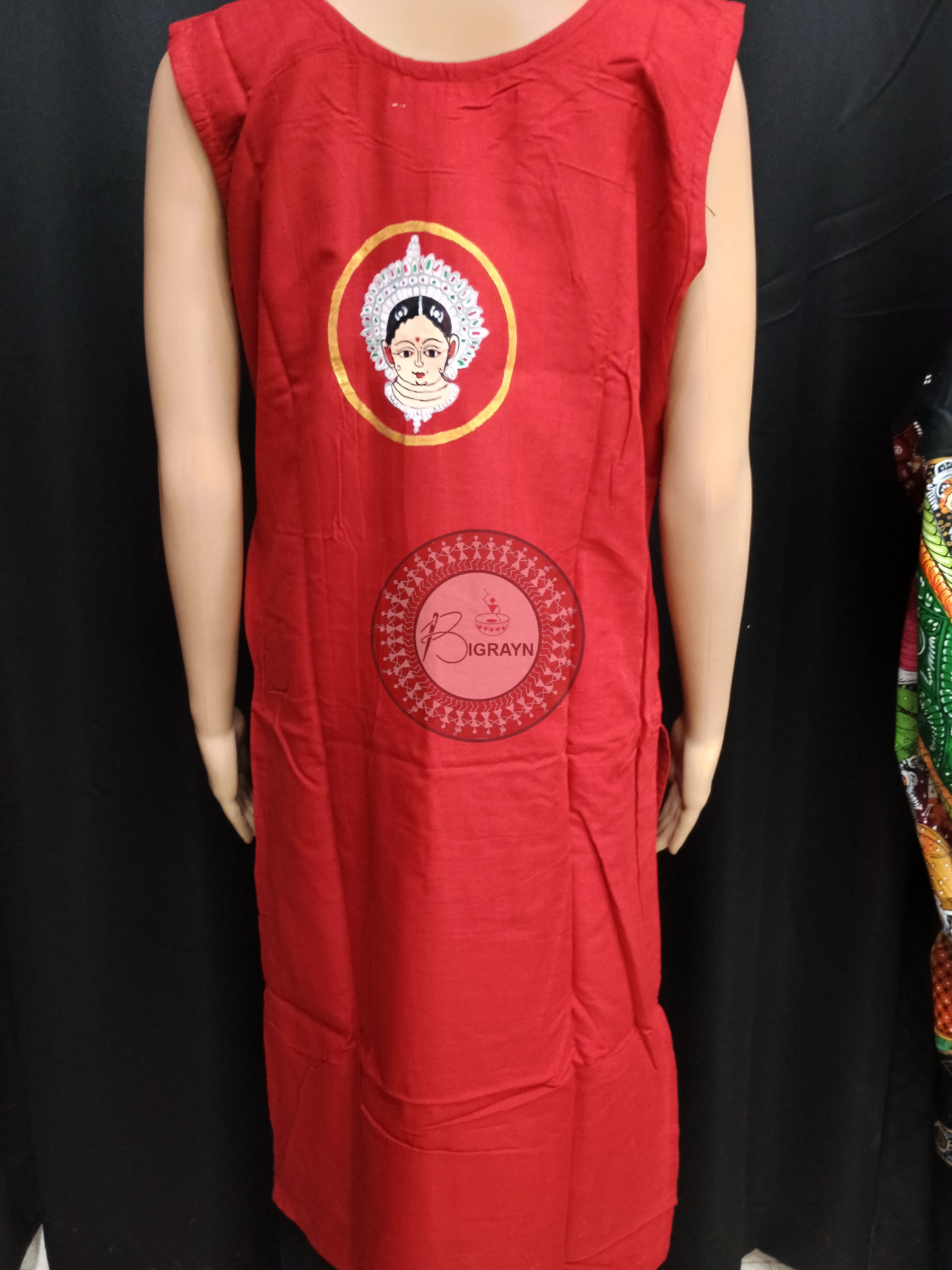 Maroon Odishi Mudra Face Theme Hand Painted Pattachitra Kurti
