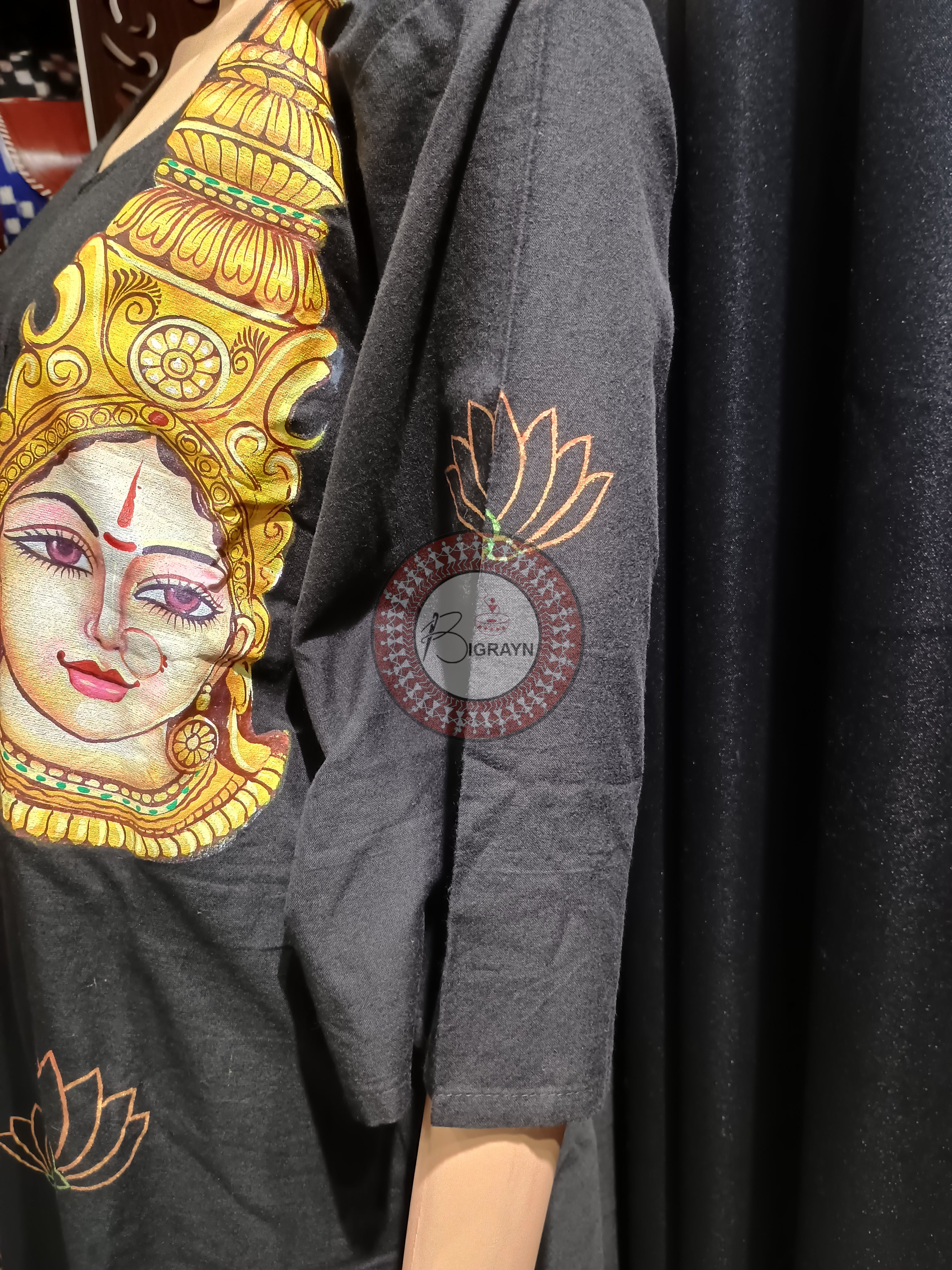 Black Durga Face Theme Hand Painted Pattachitra Kurti