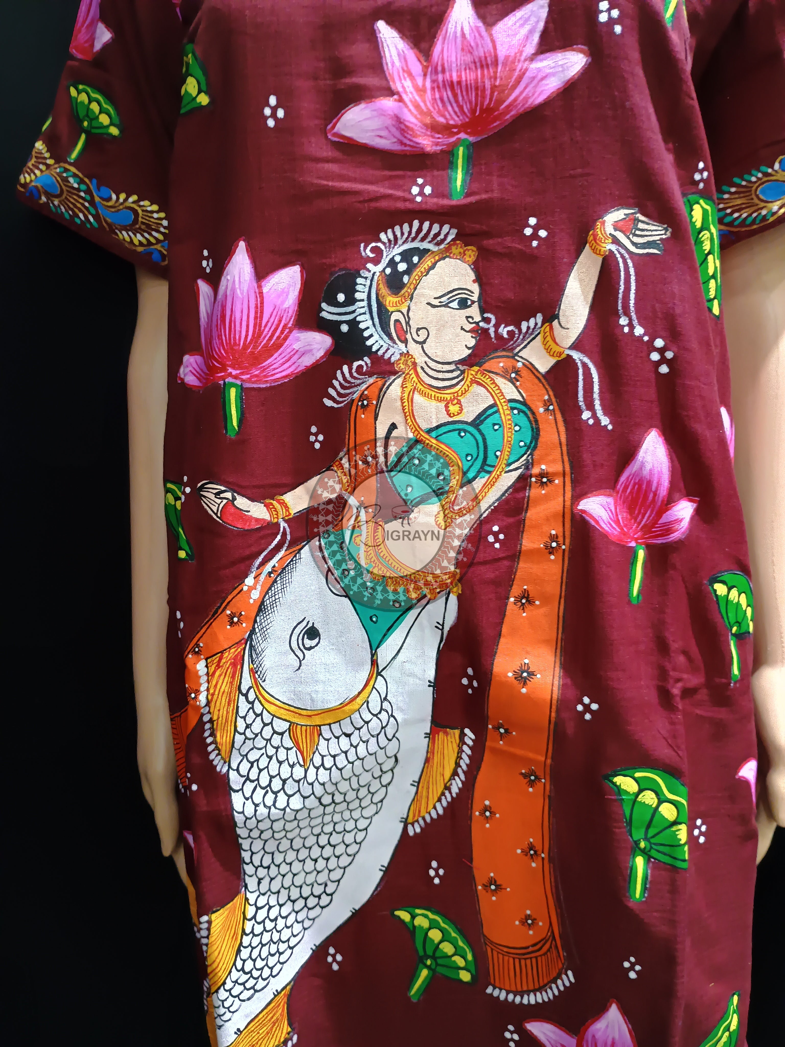 Maroon Mastya Kanya And LotusTheme Hand Painted Pattachitra Kurti