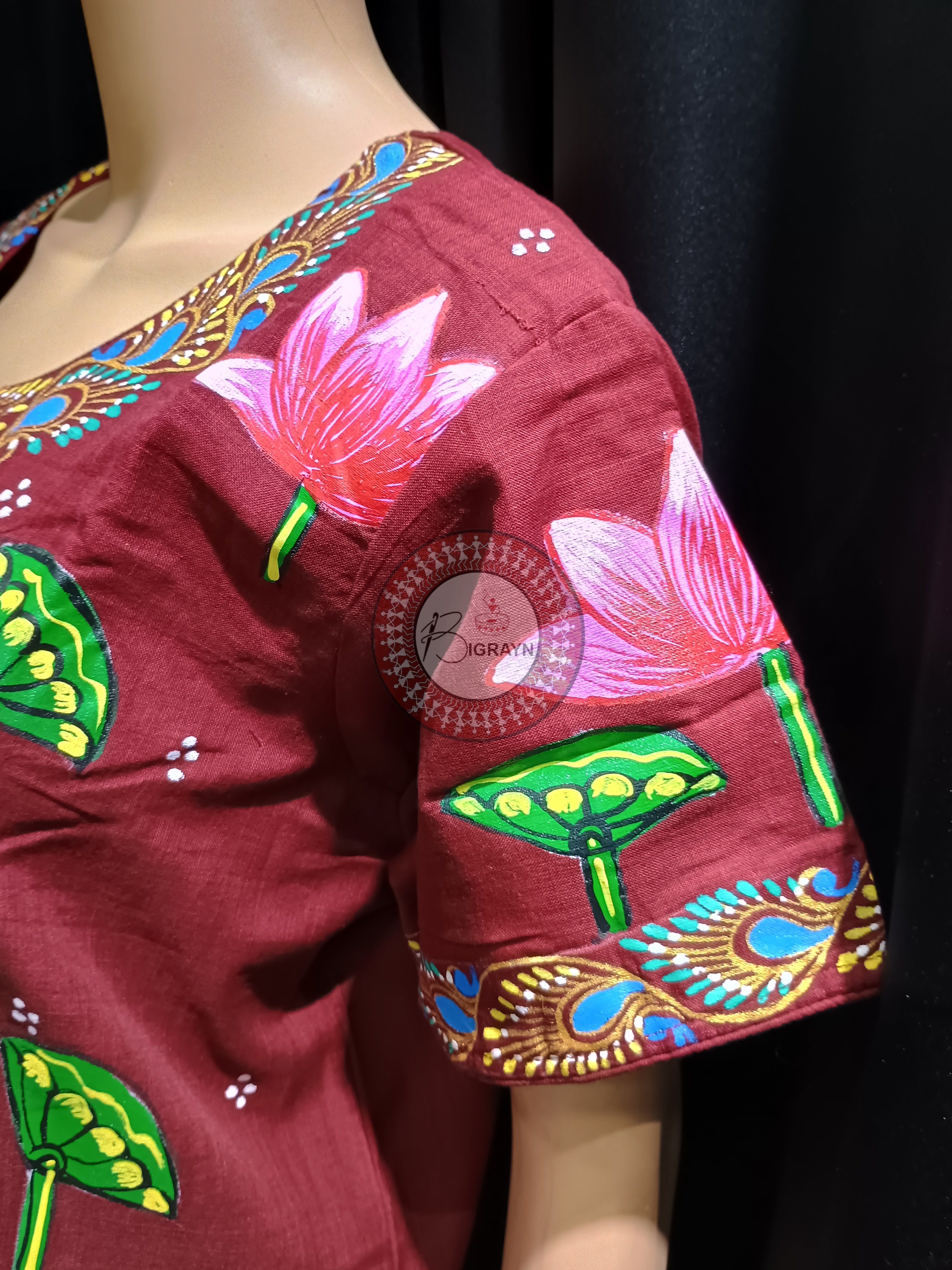 Maroon Mastya Kanya And LotusTheme Hand Painted Pattachitra Kurti