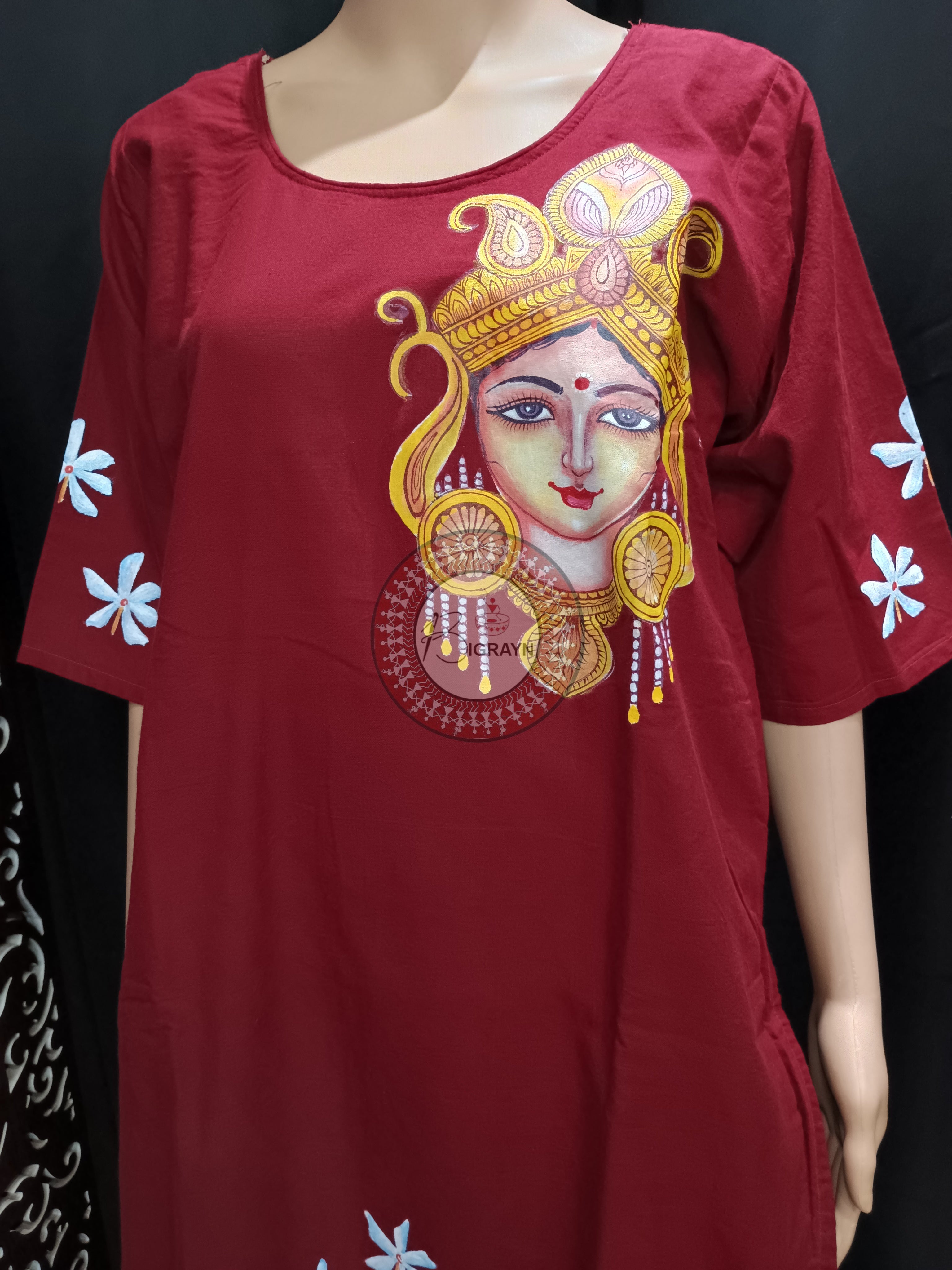 Maroon Durga Face Theme Hand Painted Pattachitra Kurti