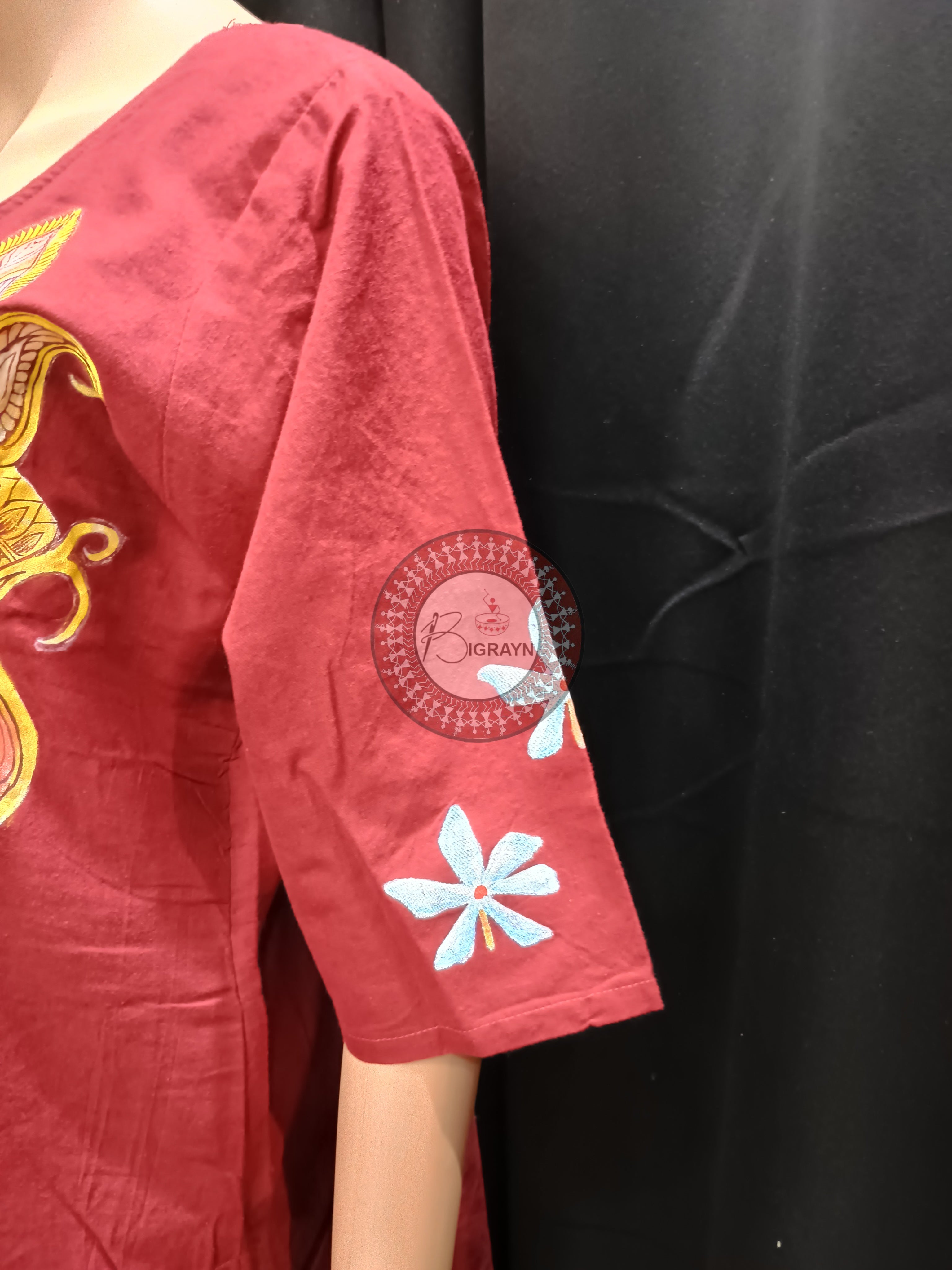 Maroon Durga Face Theme Hand Painted Pattachitra Kurti