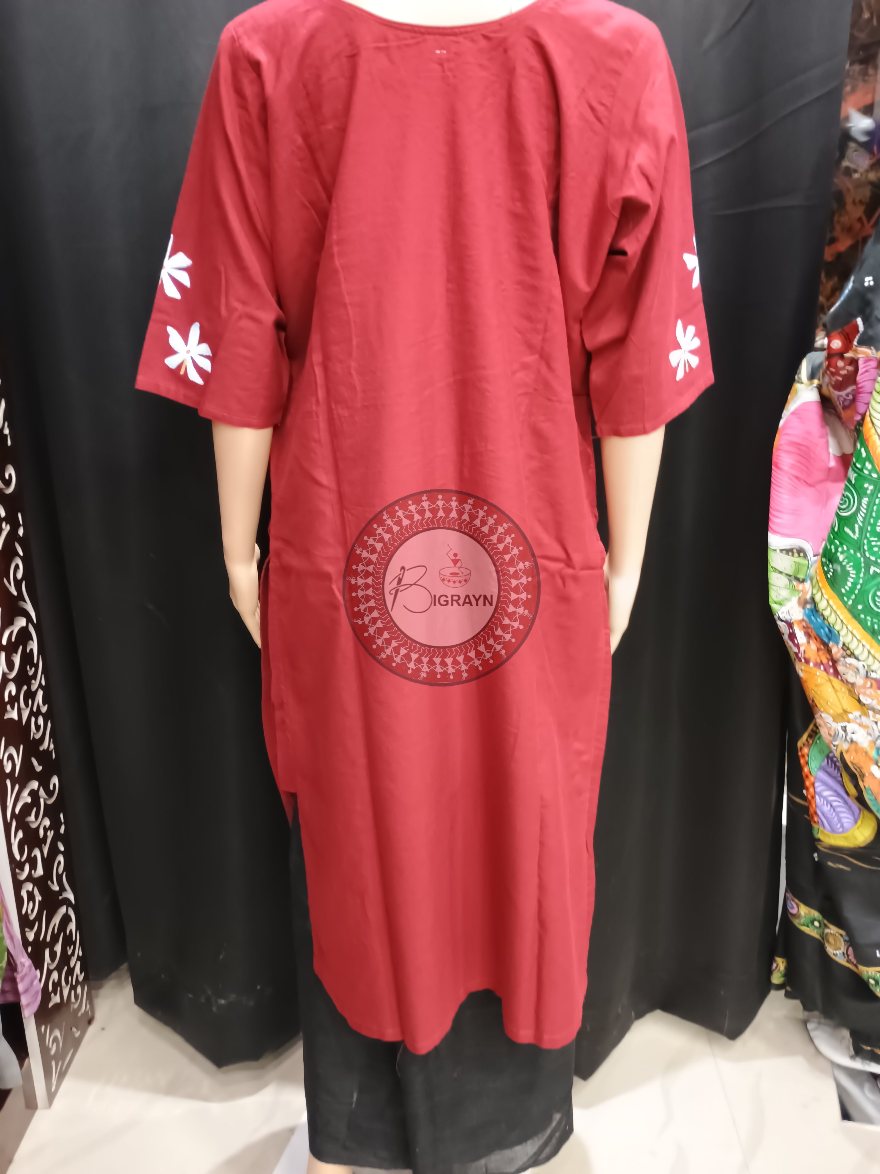 Maroon Durga Face Theme Hand Painted Pattachitra Kurti