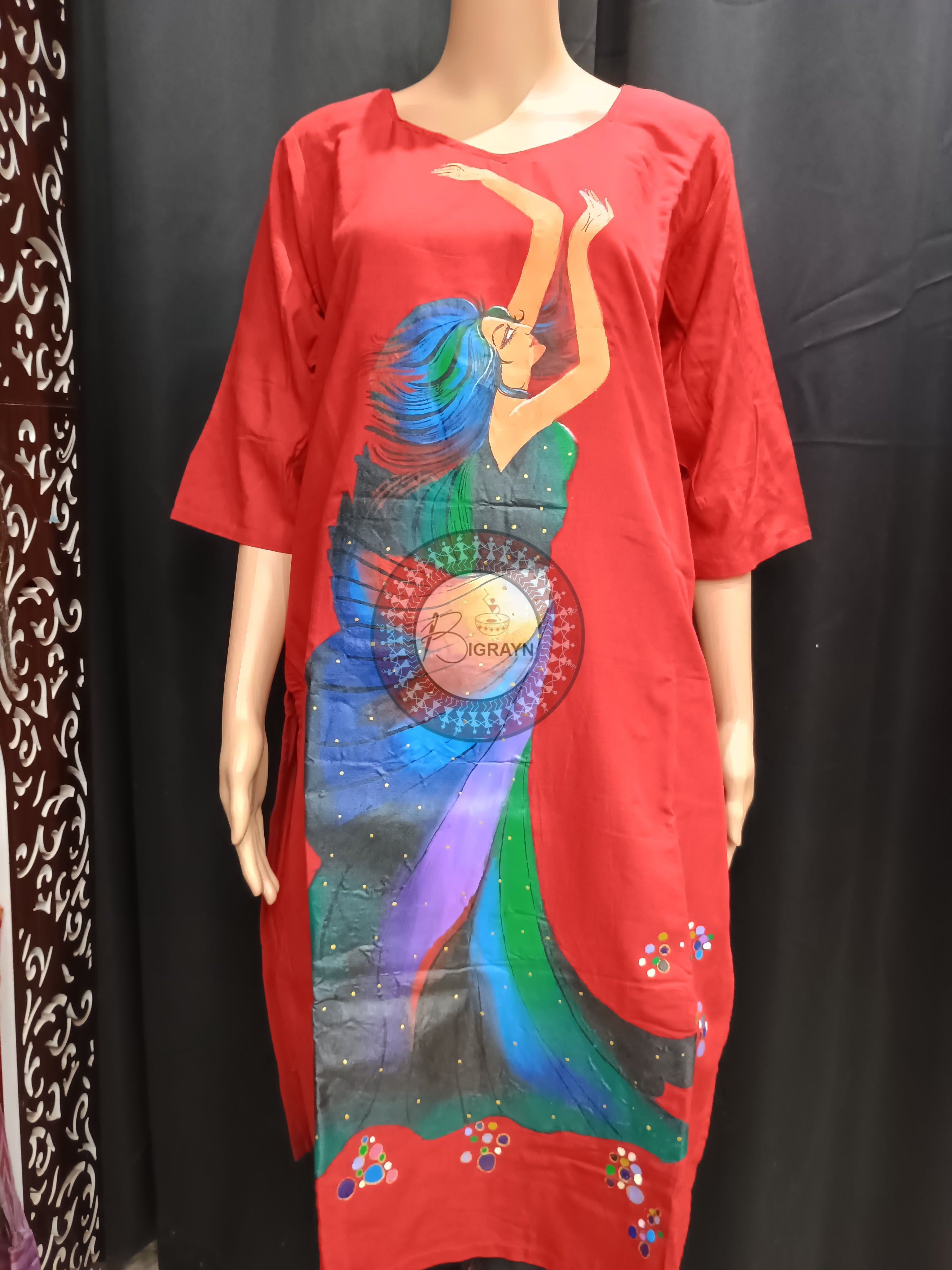 Red Women Theme Hand Painted Pattachitra Kurti