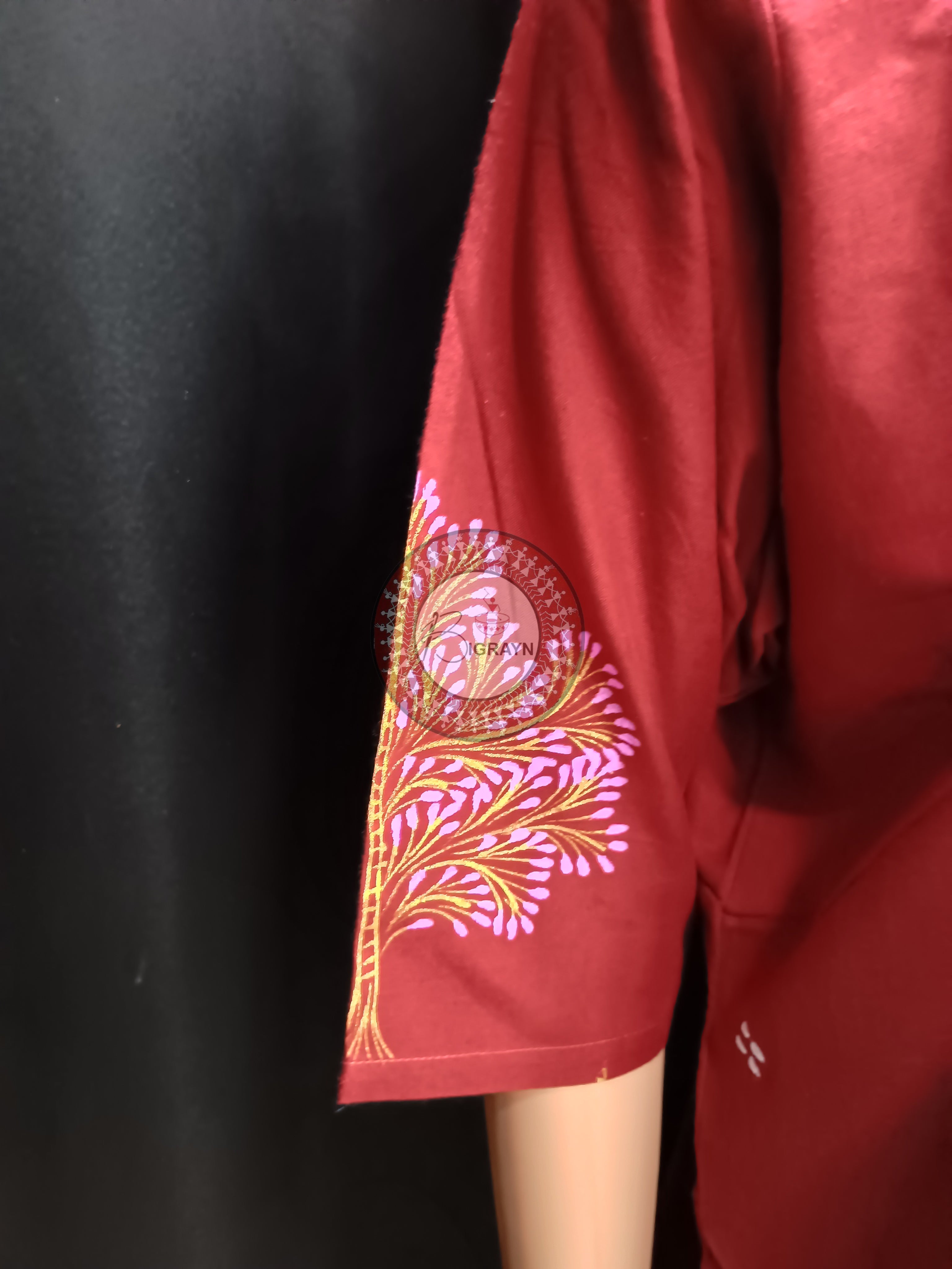 Maroon Dancer And Tree Theme Hand Painted Pattachitra Kurti