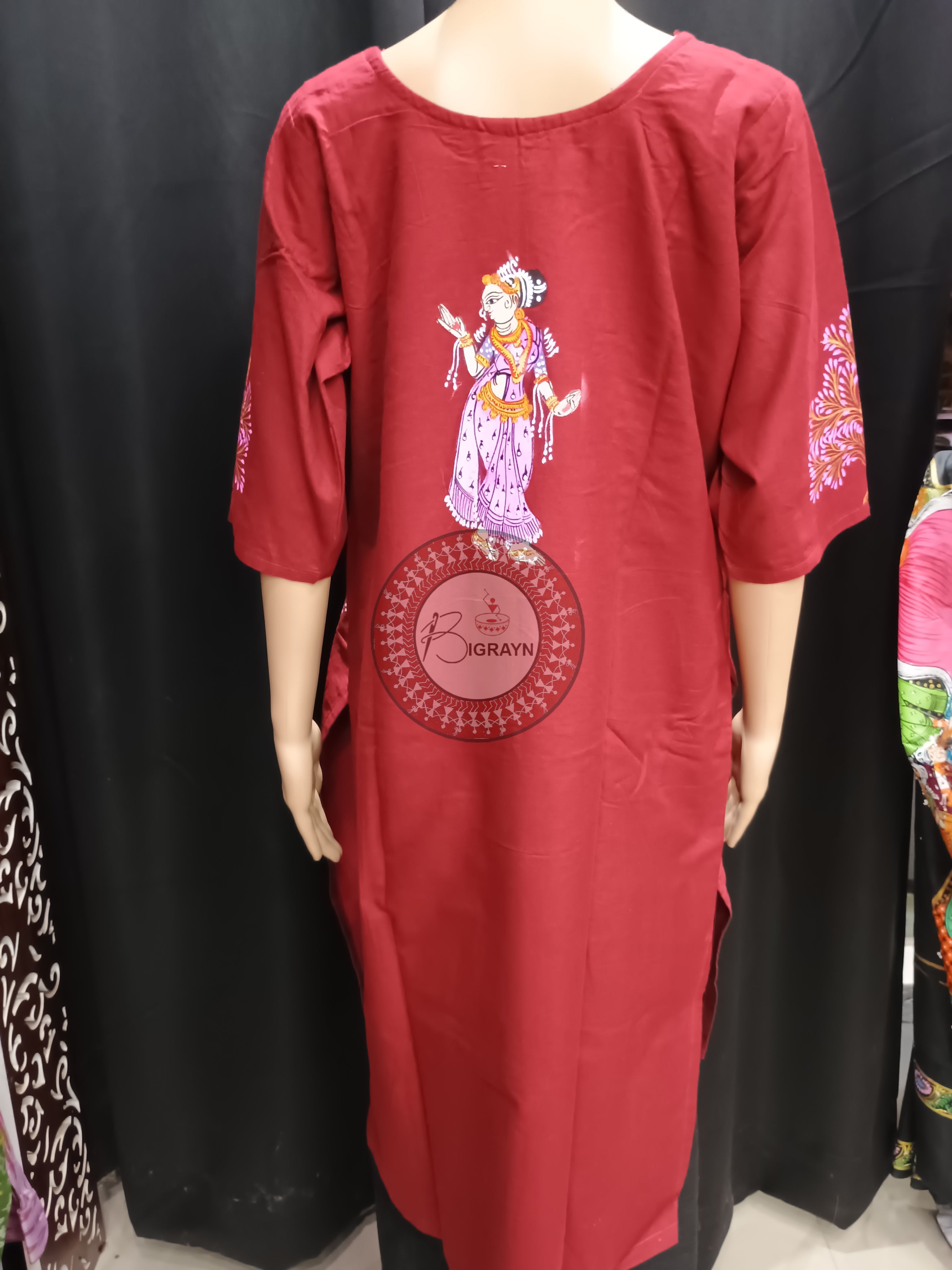 Maroon Dancer And Tree Theme Hand Painted Pattachitra Kurti