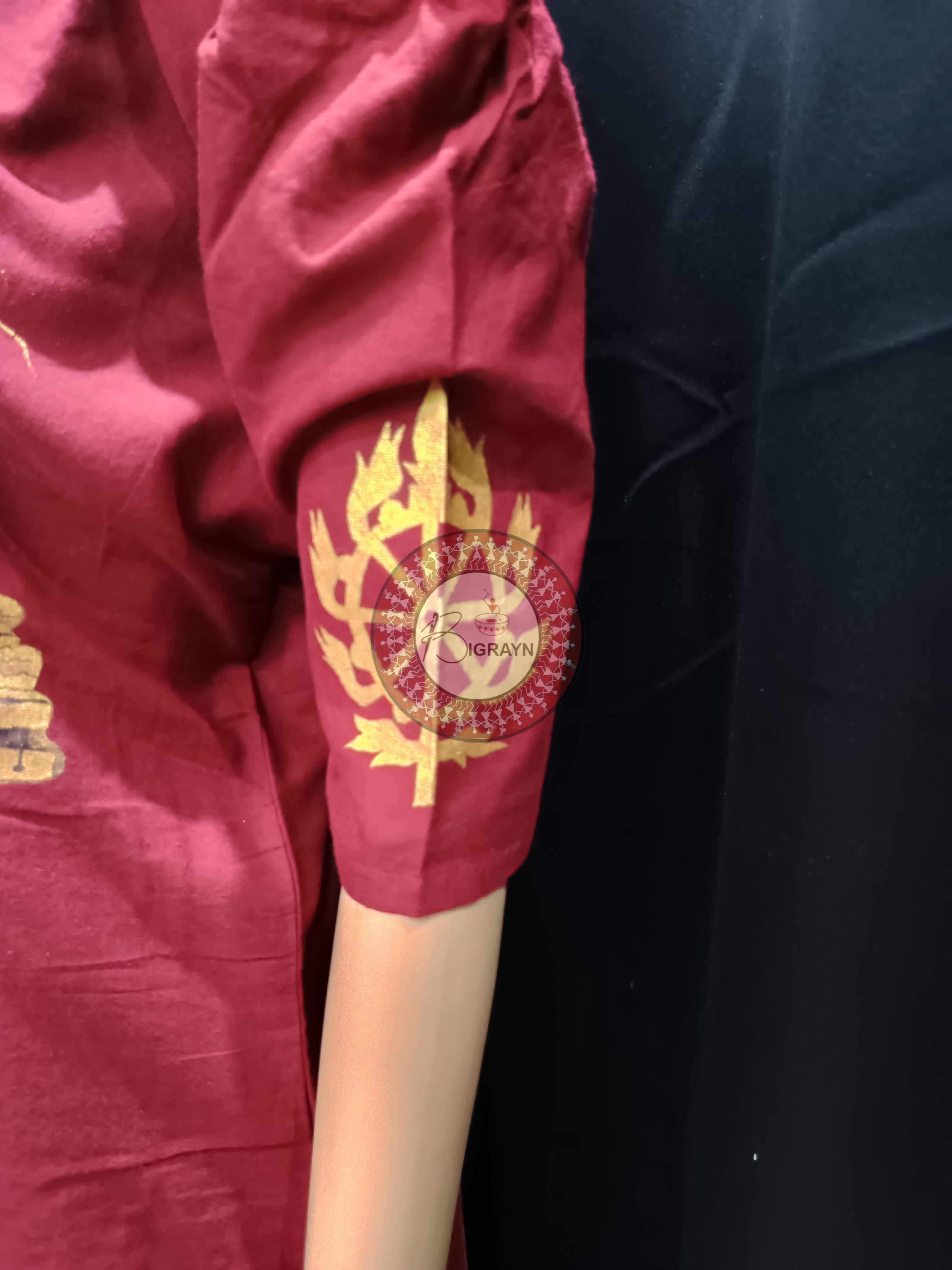 Maroon Sri Mandira Theme Hand Painted Pattachitra Kurti