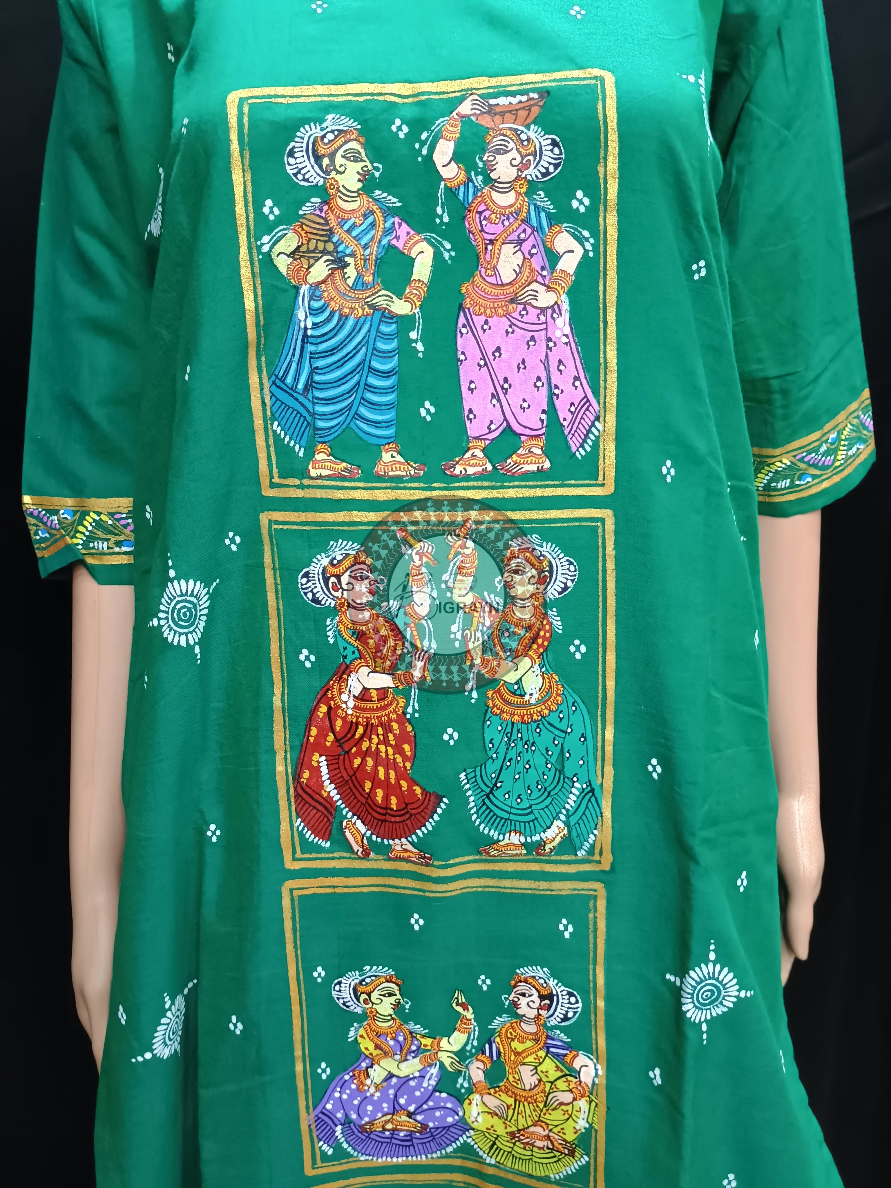 Sea Green Dua Dancer Theme Hand Painted Pattachitra Kurti